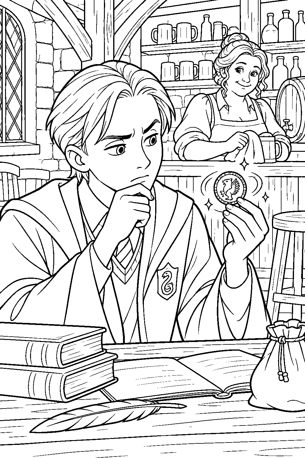 draco malfoy studying an enchanted galleon used to send secret messages to madam rosmerta line art