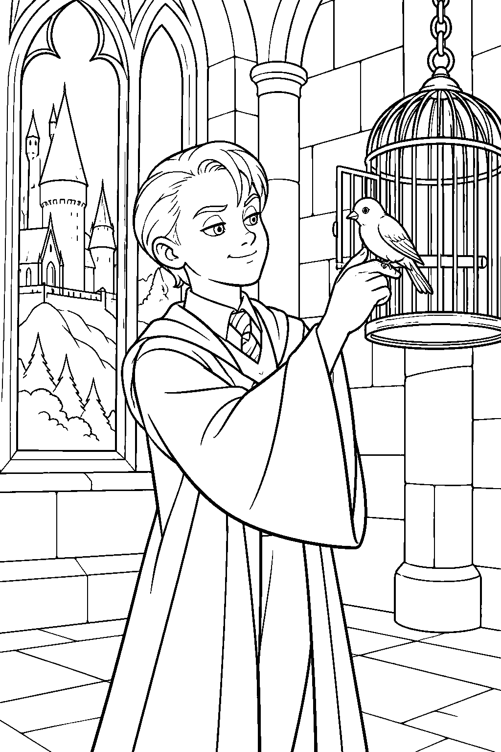 draco malfoy taking a small bird from the hanging cage on hogwarts seventh floor line art