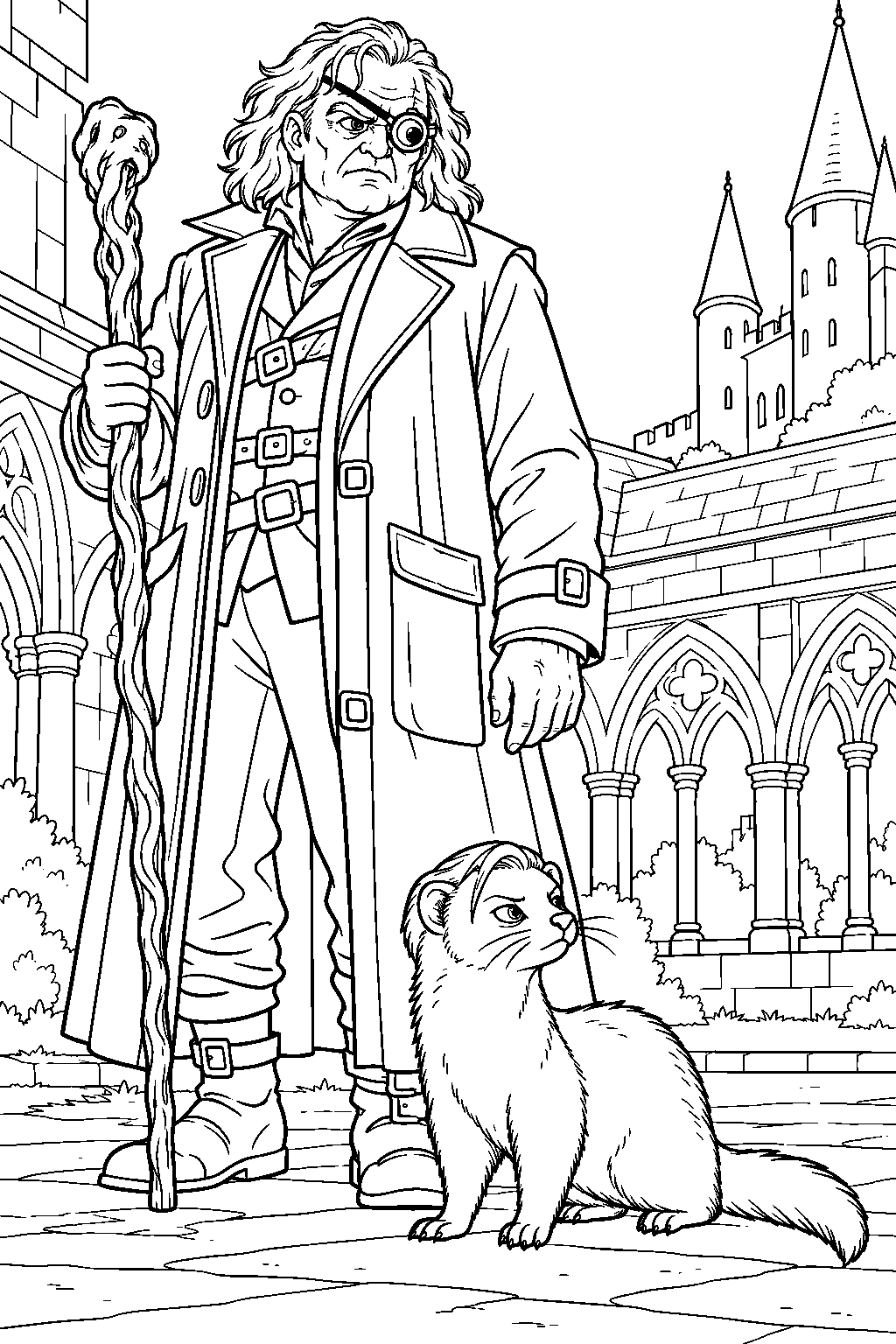 draco malfoy transformed into a ferret beside mad eye moody in the hogwarts courtyard line art