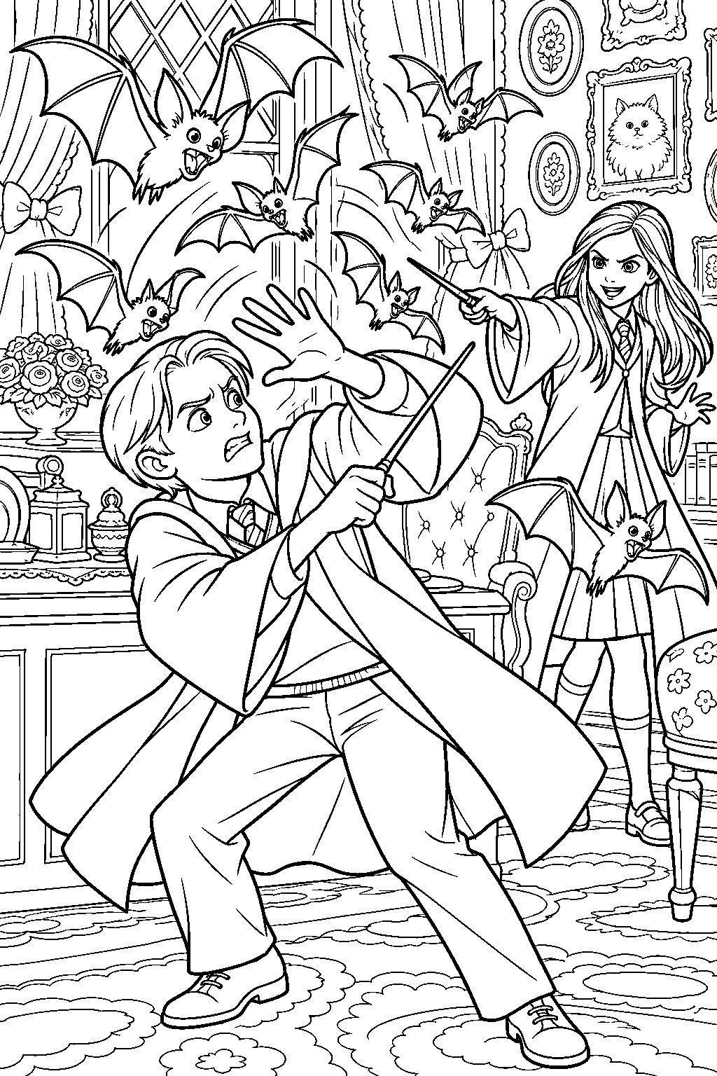 draco malfoy trying to fend off ginny weasley s bat bogey hex in umbridge s office line art