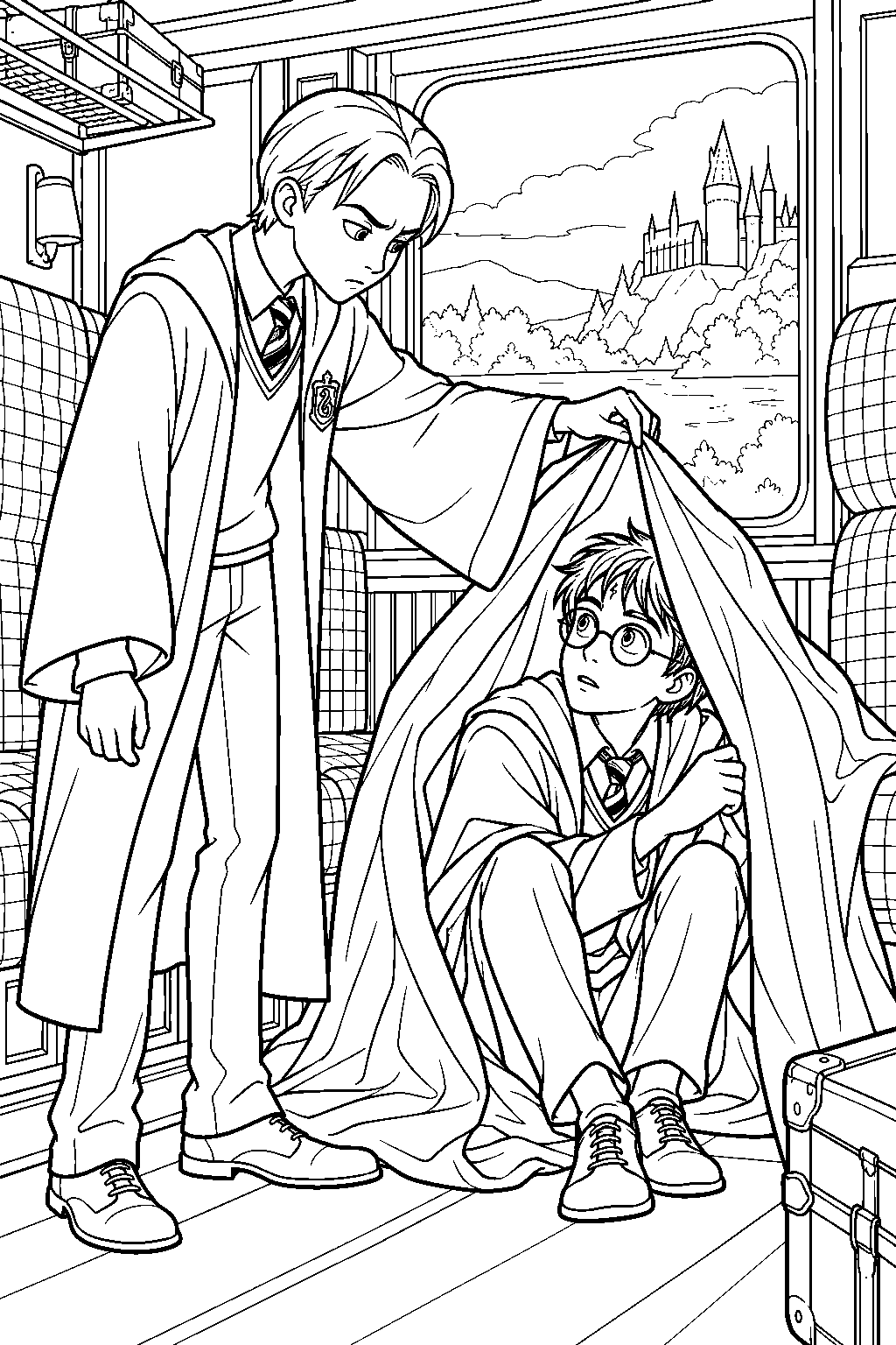 draco malfoy uncovering harry potter beneath the invisibility cloak on the hogwarts express line art