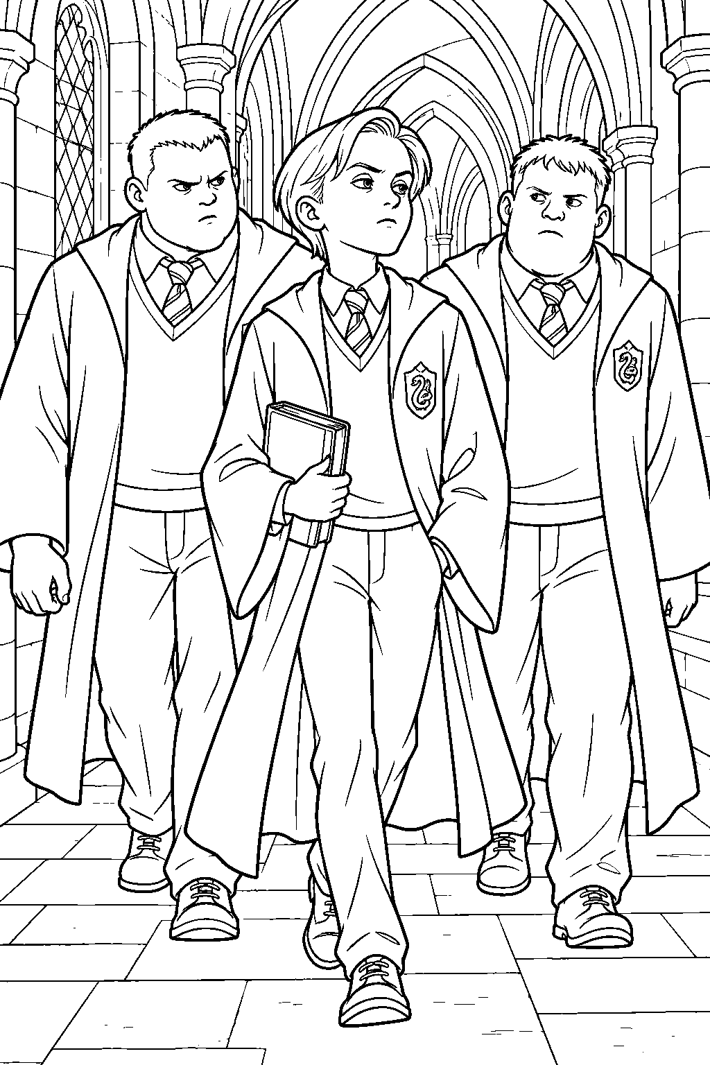 draco malfoy walking through a hogwarts corridor with crabbe and goyle line art
