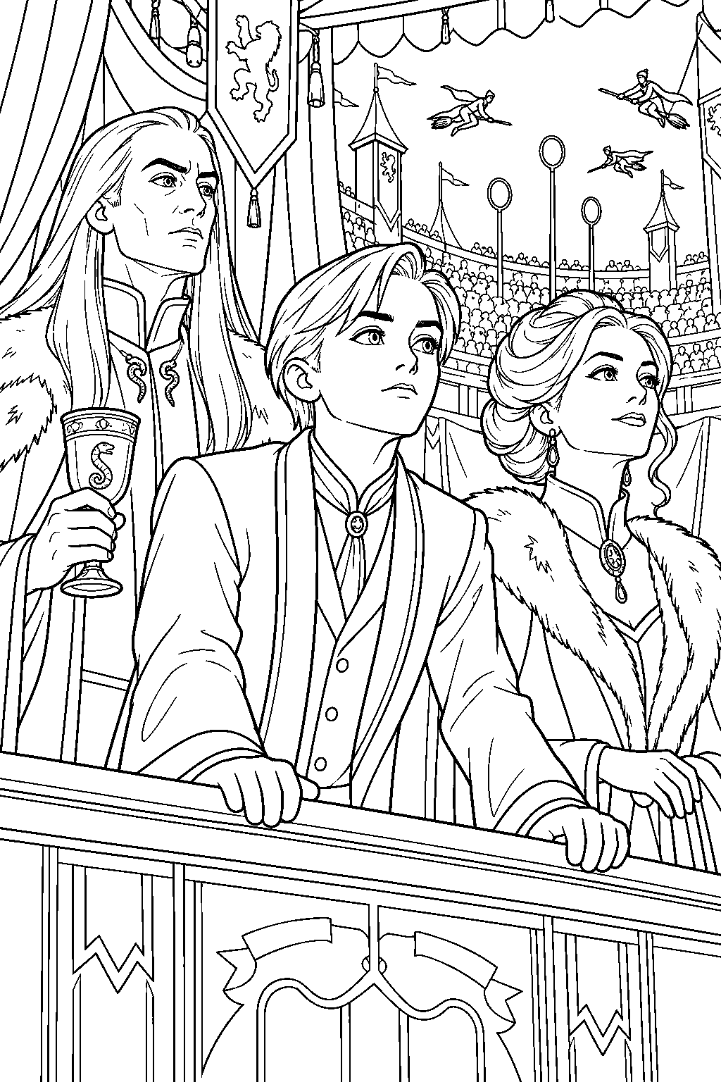 draco malfoy watching the quidditch world cup from the top box with lucius and narcissa line art