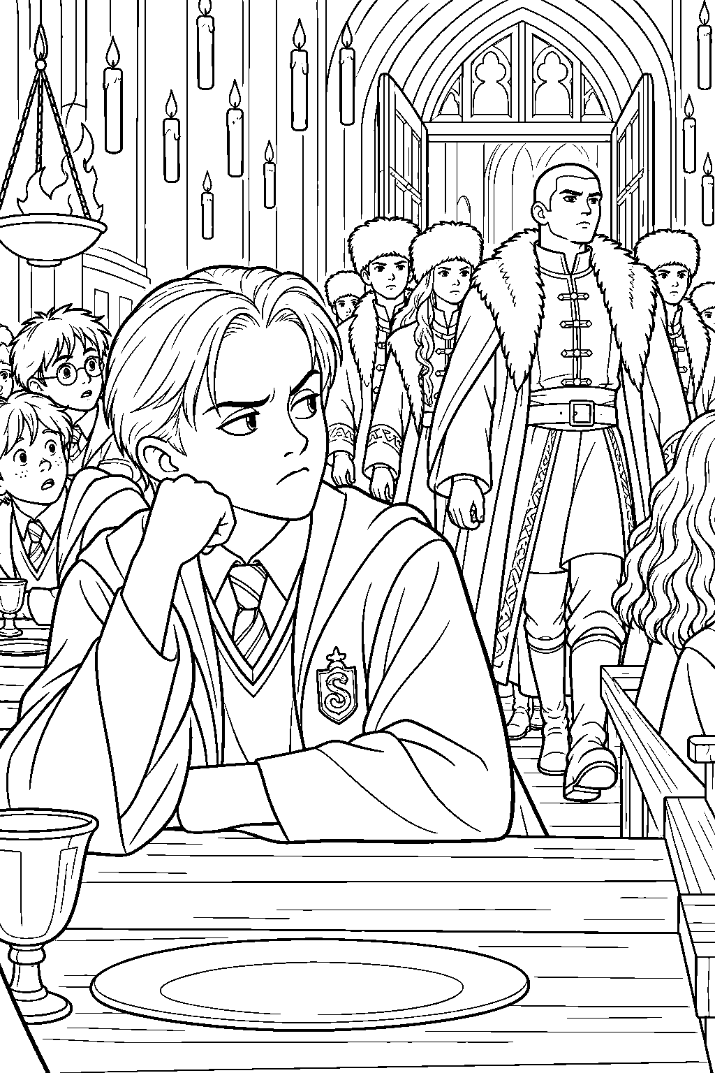 draco malfoy watching viktor krum arrive with the durmstrang students in the great hall line art