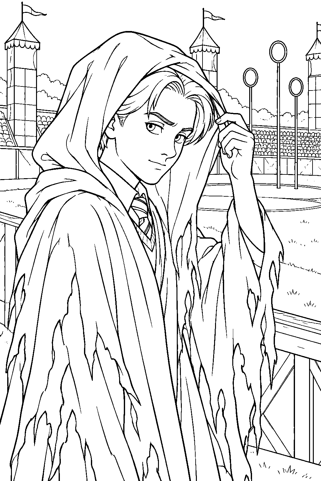 draco malfoy wearing a fake dementor cloak at the edge of the quidditch pitch line art