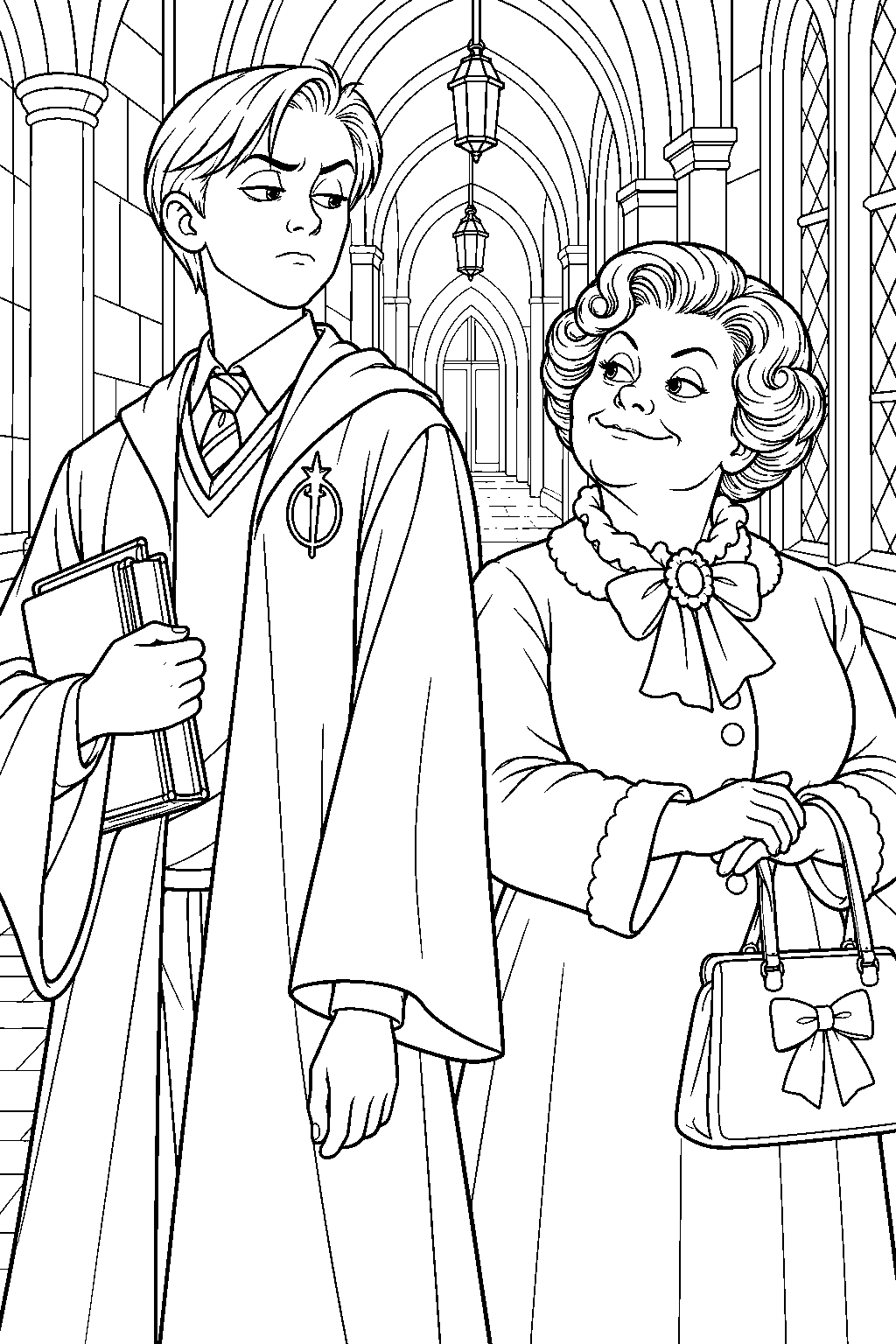 draco malfoy wearing his inquisitorial squad badge beside dolores umbridge in a hogwarts corridor line art