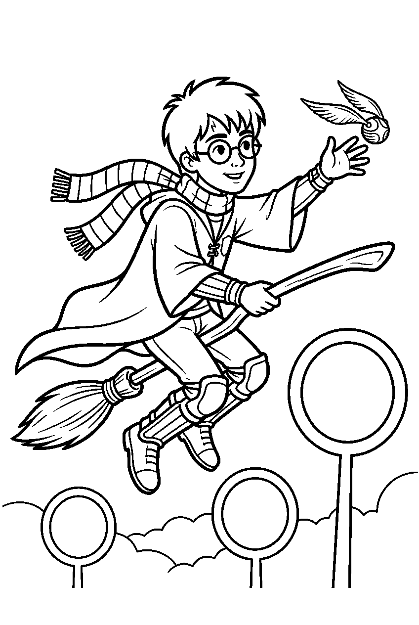 harry potter catching the golden snitch while riding his broomstick above the quidditch pitch line art