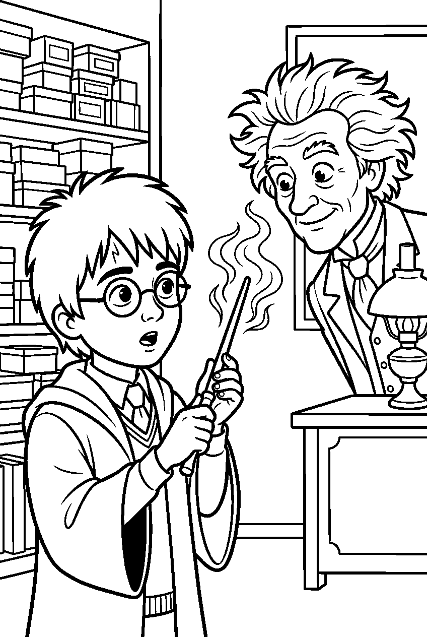 harry potter choosing his first wand inside ollivanders wand shop line art