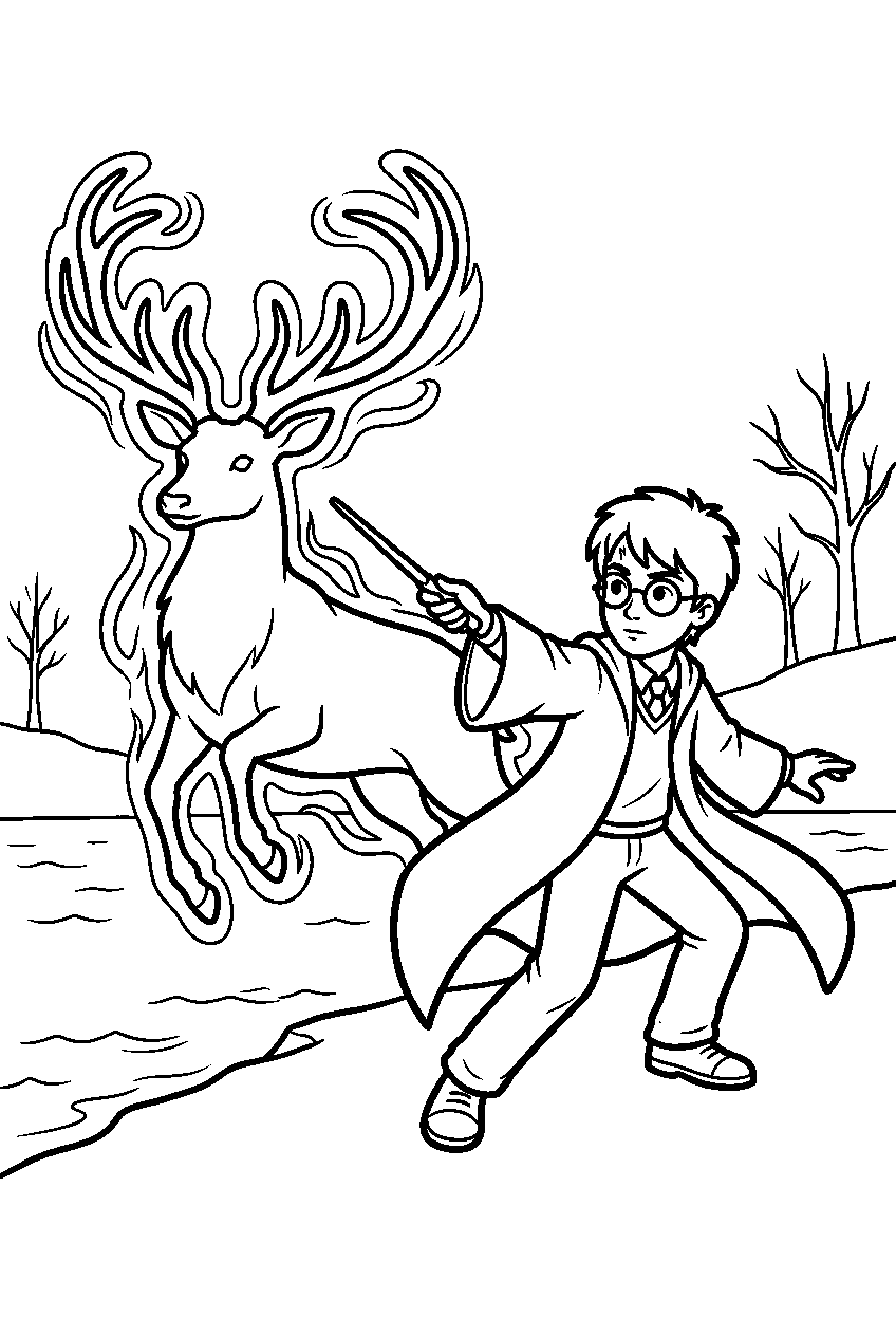 harry potter conjuring his stag patronus beside the great lake line art