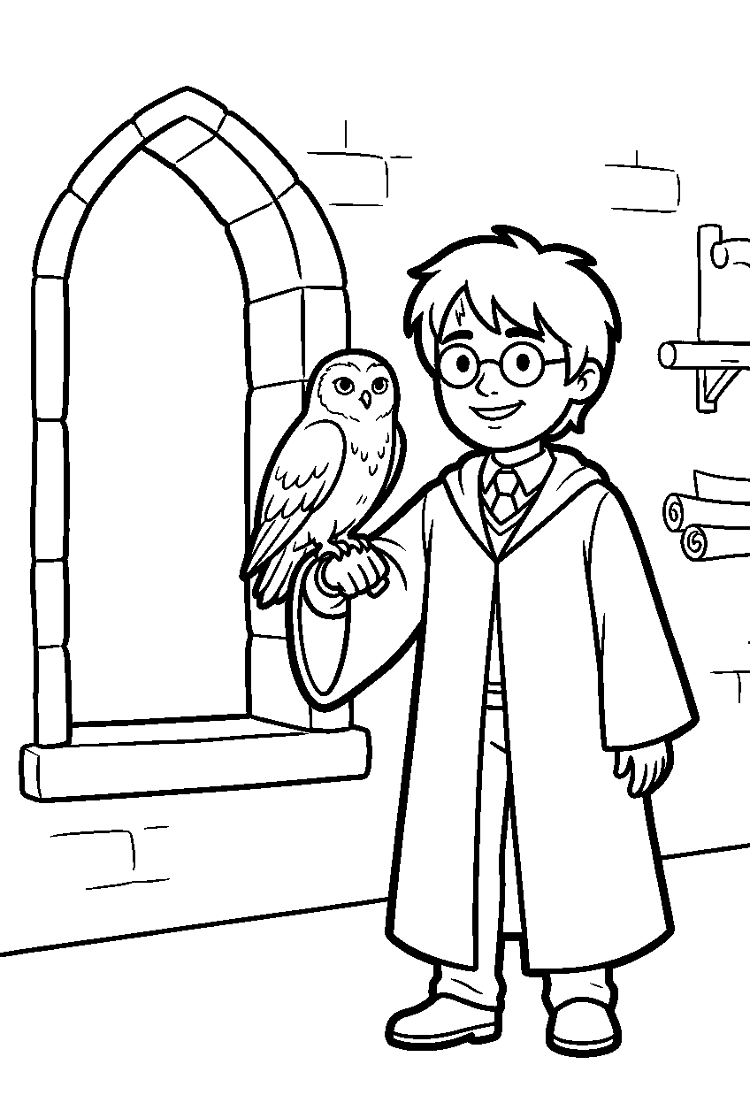 harry potter holding hedwig beside an arched window in the hogwarts owlery line art