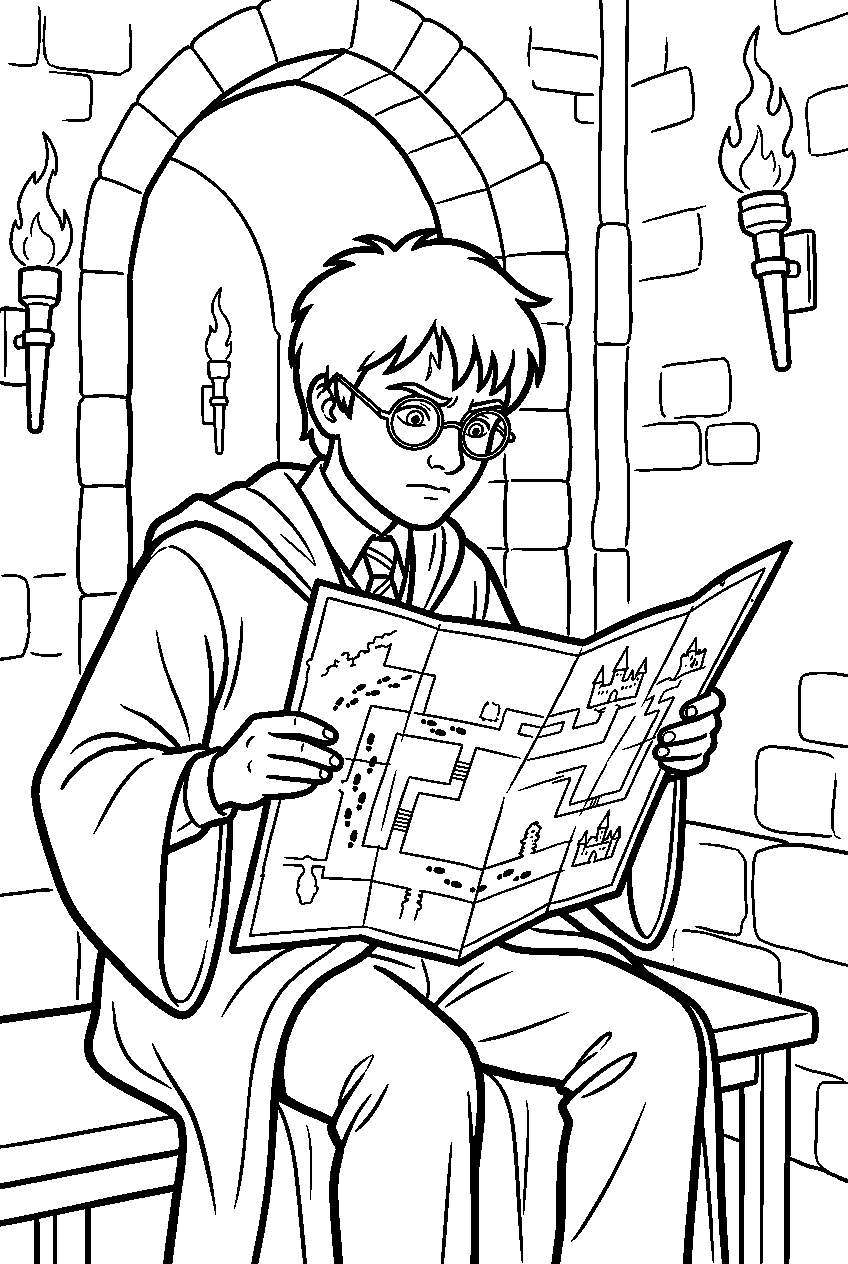 harry potter studying the marauder s map in a hogwarts corridor line art