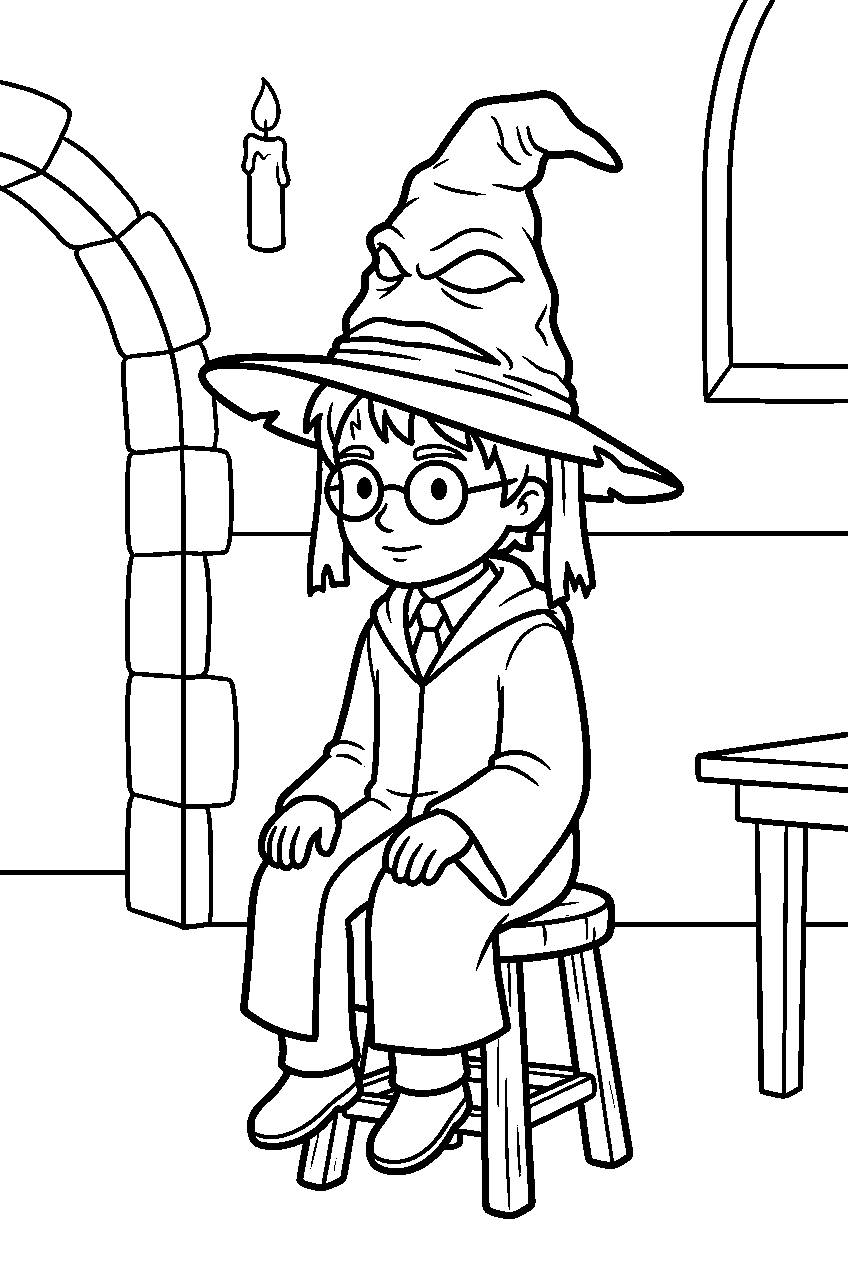harry potter wearing the sorting hat on a stool in the hogwarts great hall line art