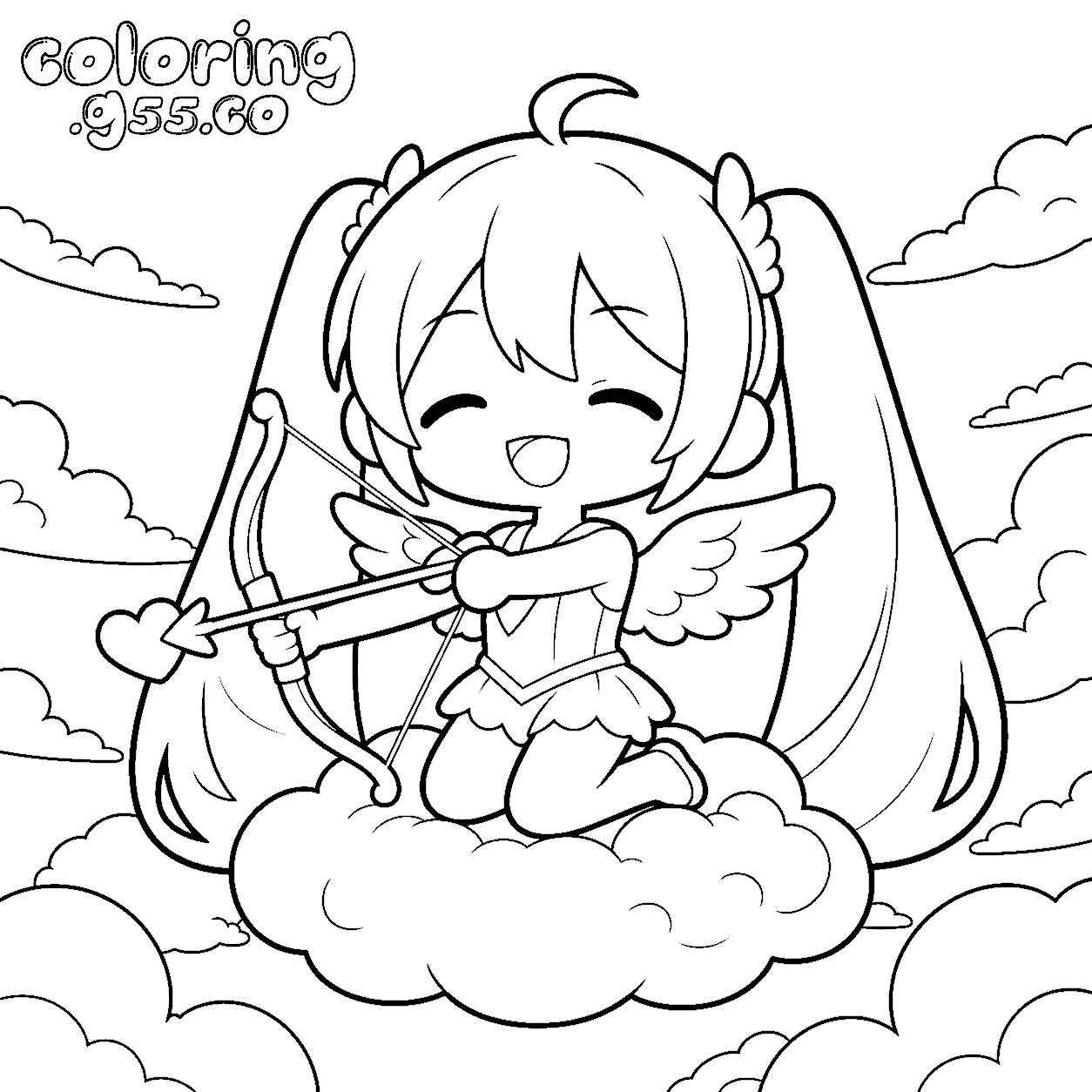 chibi cupid hatsune miku angel bow and arrow line art for kids
