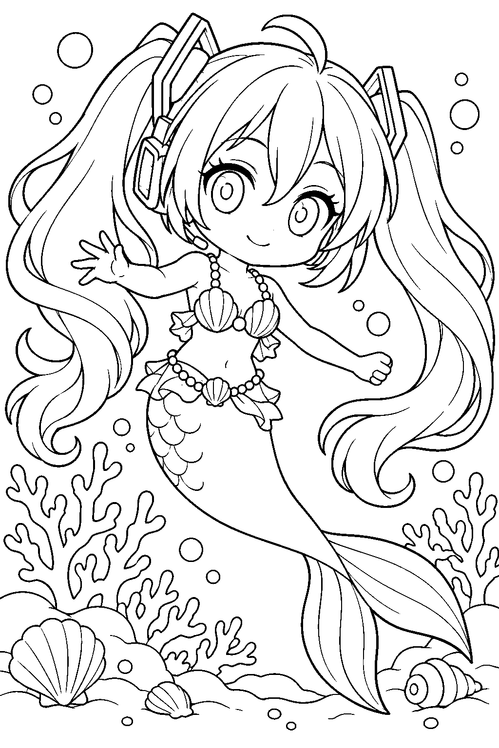 chibi hatsune miku as a mermaid swimming beside coral and seashells line art