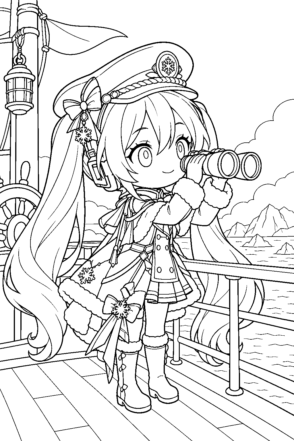 chibi hatsune miku as grand voyage snow miku looking through binoculars from a ship deck line art