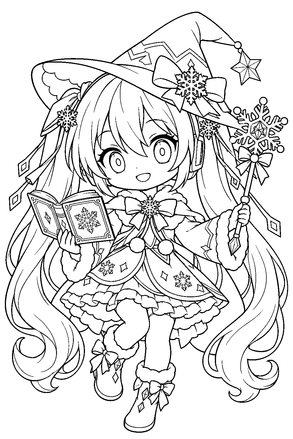 chibi hatsune miku as magical snow miku with a spellbook and snowflake wand line art