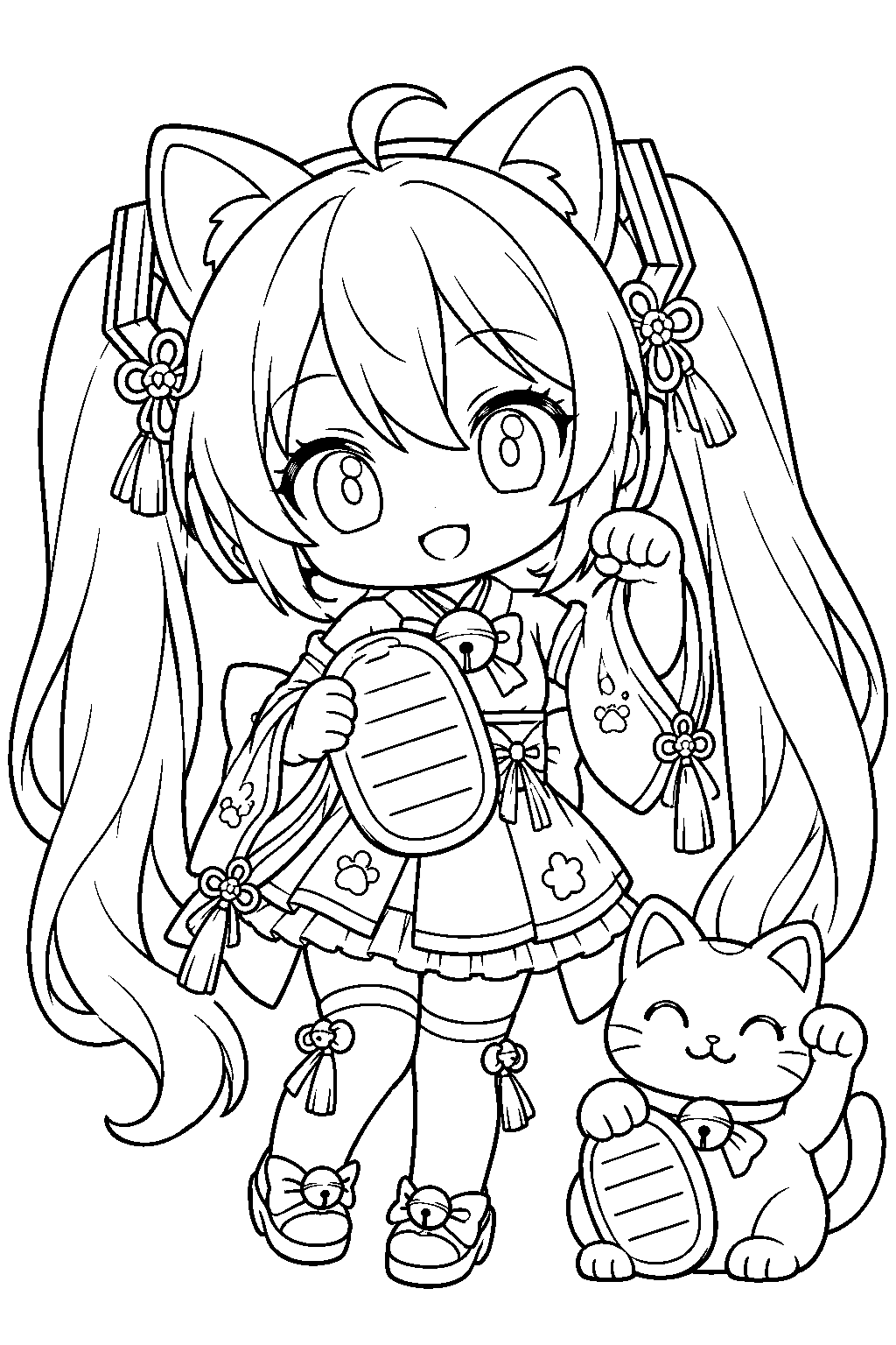 chibi hatsune miku as maneki miku holding a lucky coin beside a beckoning cat line art