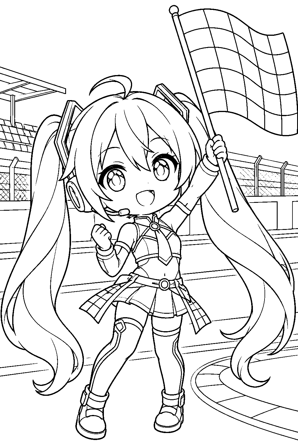 chibi hatsune miku as racing miku waving a checkered flag at a racetrack line art