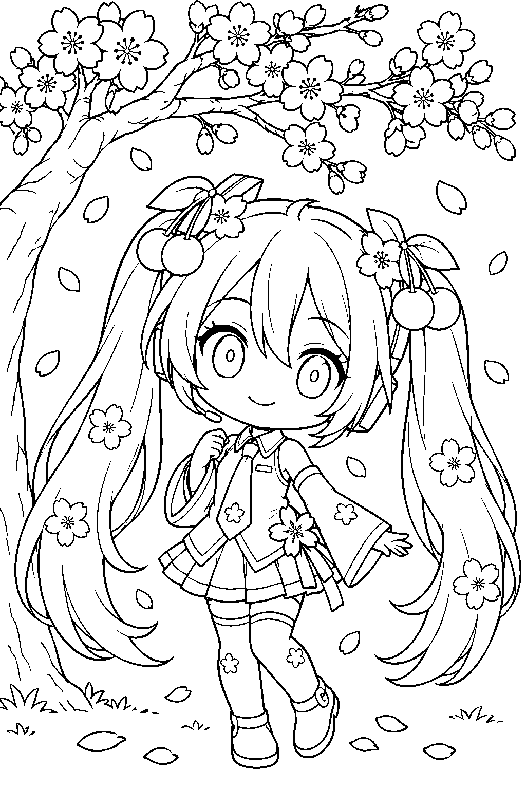chibi hatsune miku as sakura miku beneath a blooming cherry tree line art
