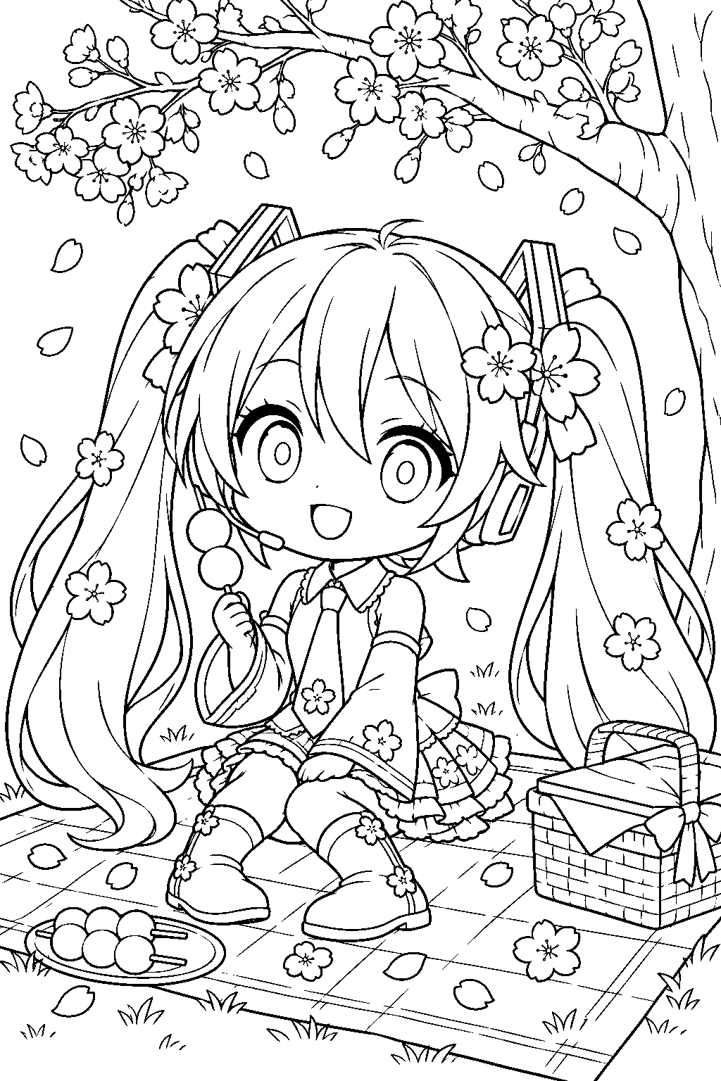 chibi hatsune miku as sakura miku enjoying dango at a cherry blossom picnic line art