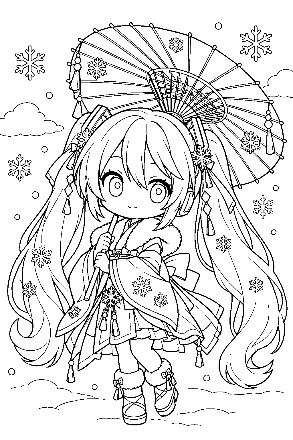 chibi hatsune miku as serene winter snow miku carrying a japanese umbrella beneath snowflakes line art