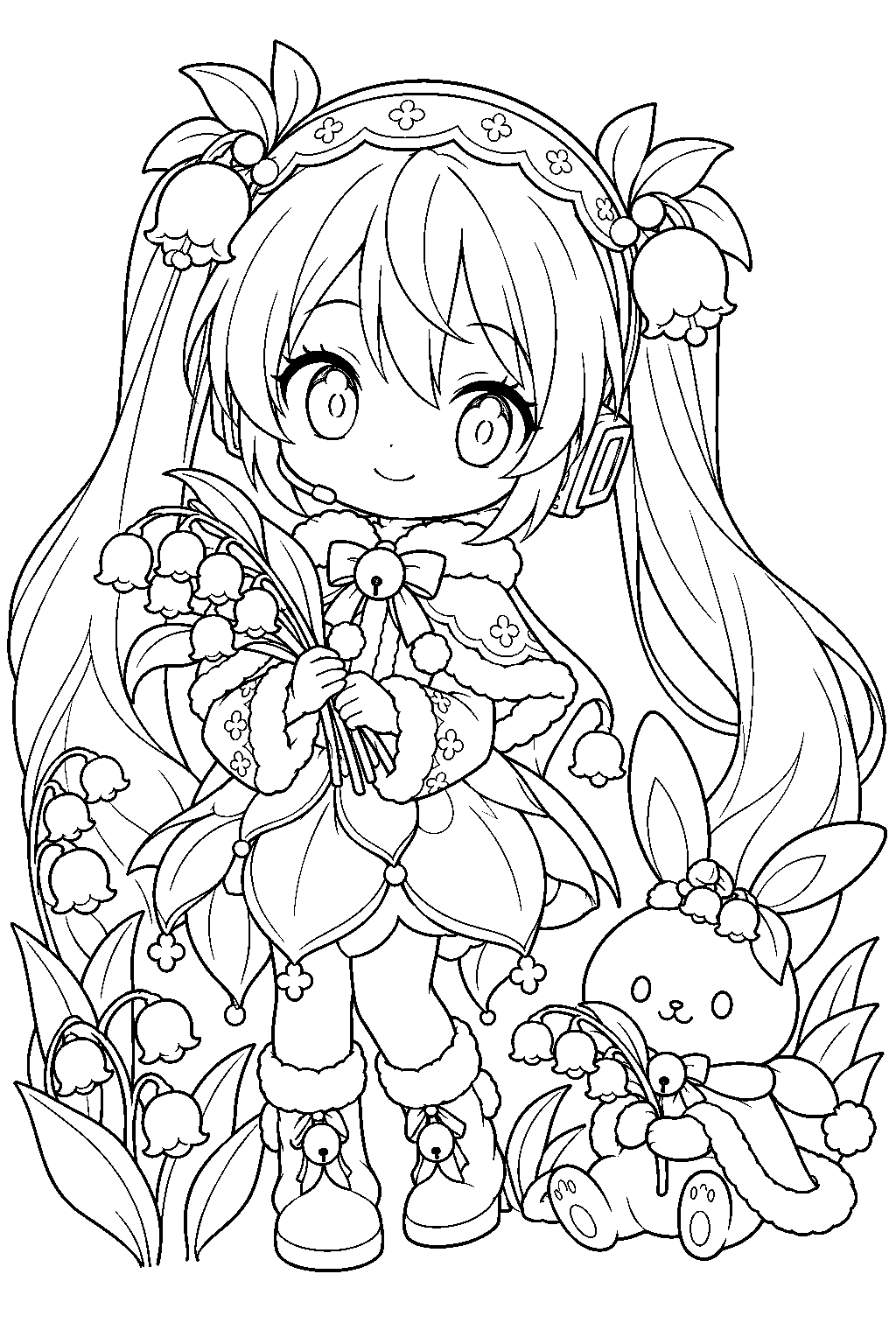 chibi hatsune miku as snow bell miku beside rabbit yukine and lily of the valley flowers line art