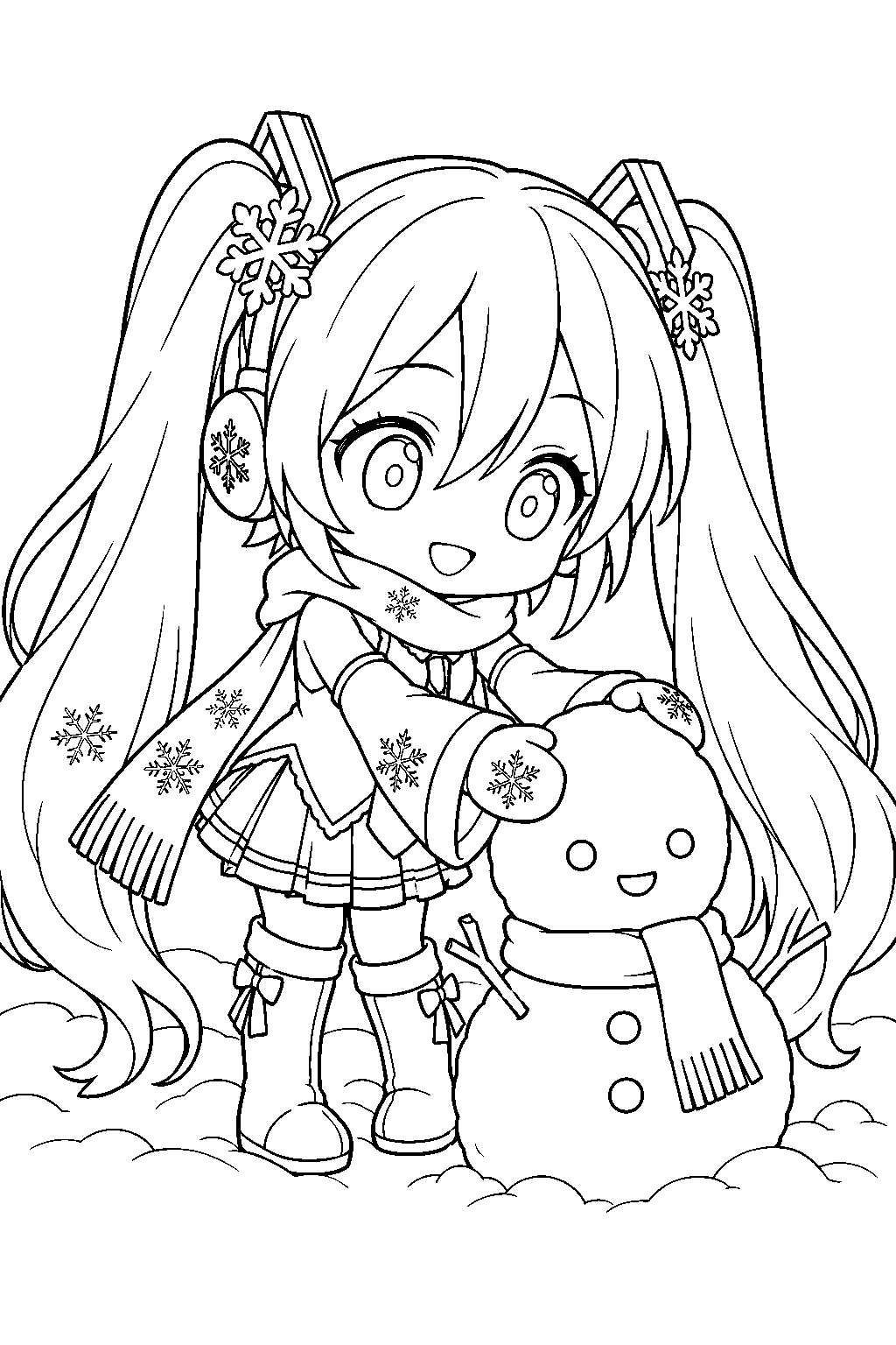 chibi hatsune miku as snow miku building a small snowman line art