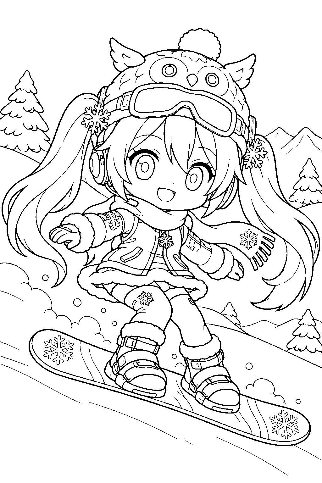 chibi hatsune miku as snow owl miku snowboarding down a gentle snowy slope line art