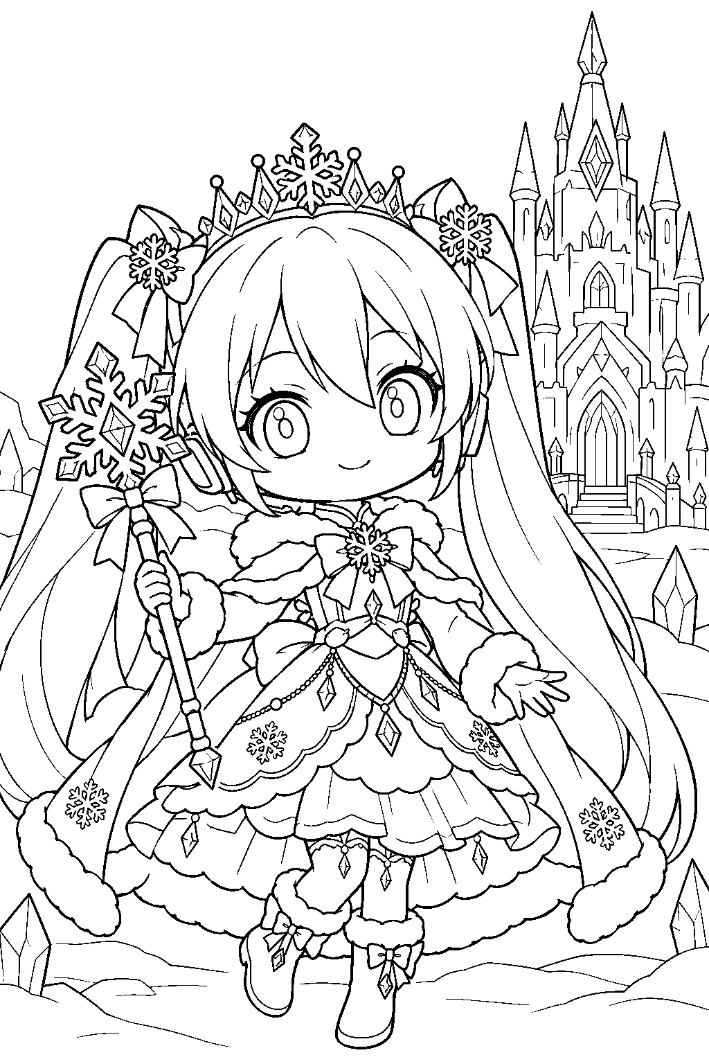 chibi hatsune miku as snow princess miku holding a snowflake scepter outside an ice castle line art