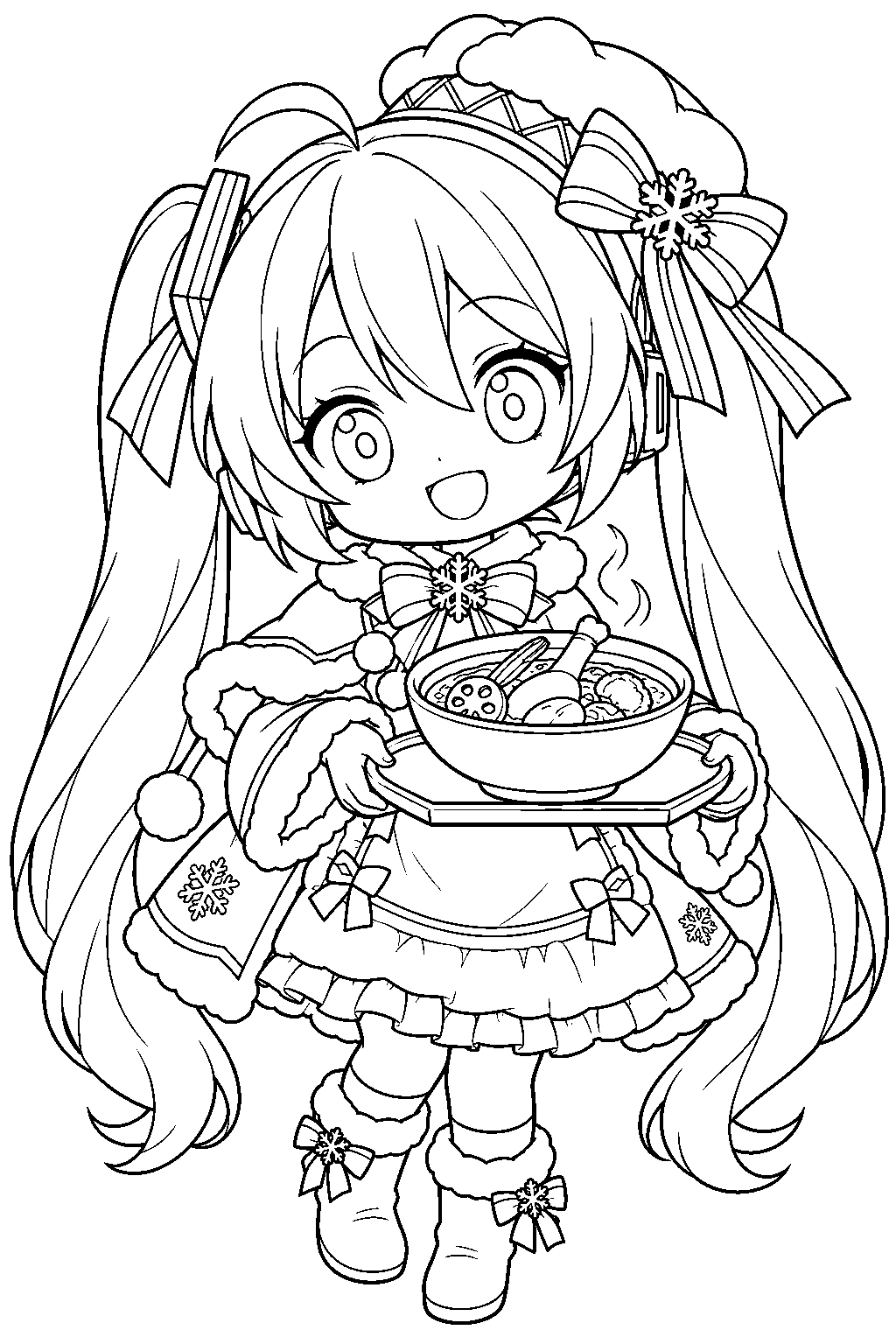 chibi hatsune miku as winter delicacy snow miku serving a bowl of soup curry line art