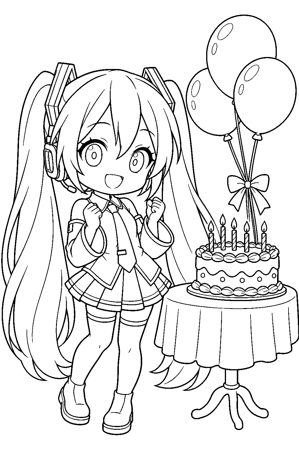chibi hatsune miku celebrating her birthday beside a cake and balloons line art
