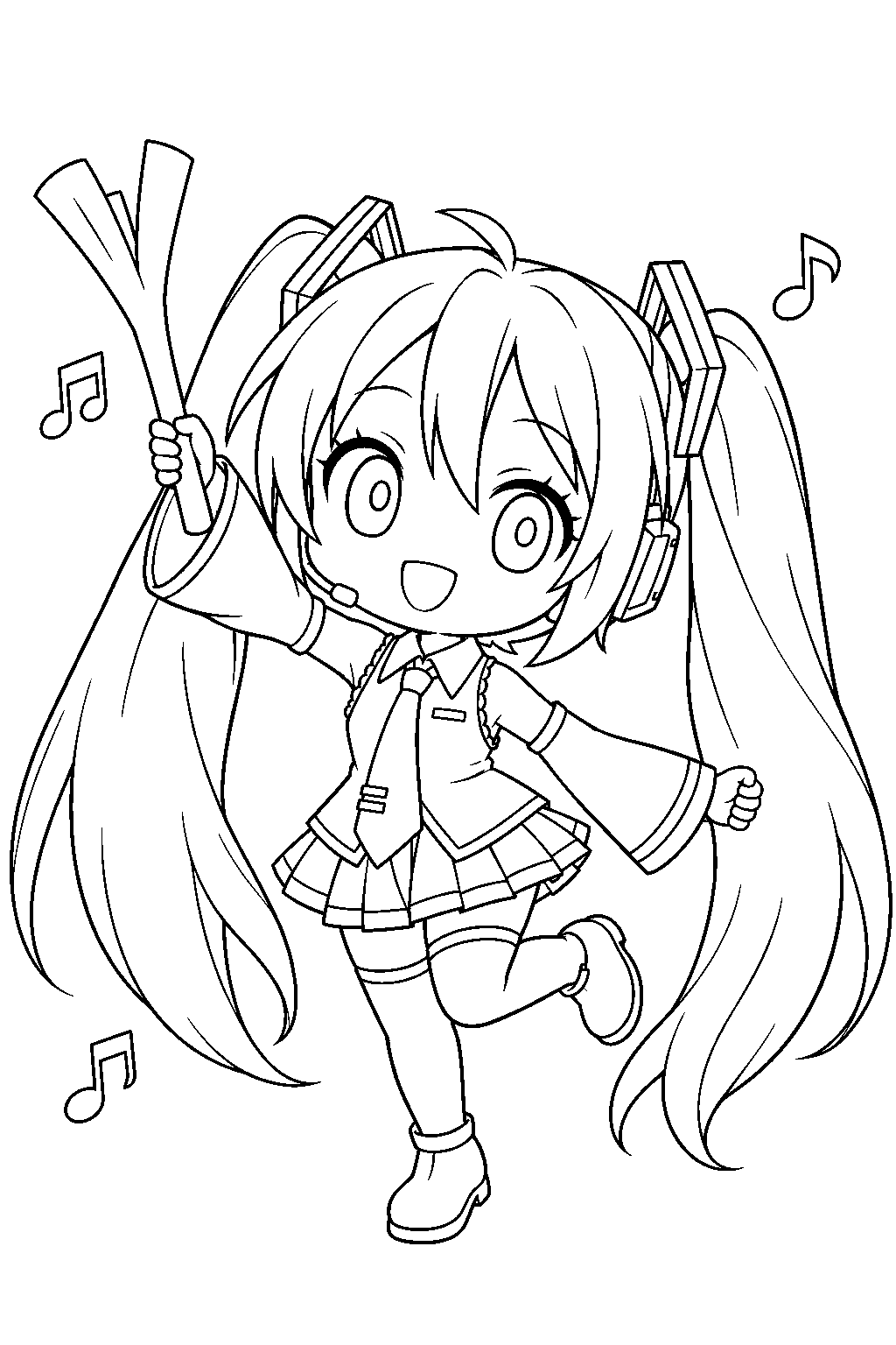 chibi hatsune miku dancing to ievan polkka while holding a leek line art
