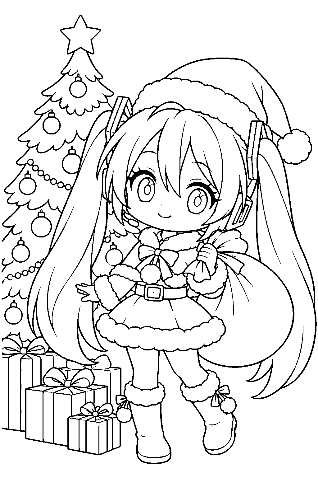 chibi hatsune miku dressed as santa carrying presents beside a christmas tree line art