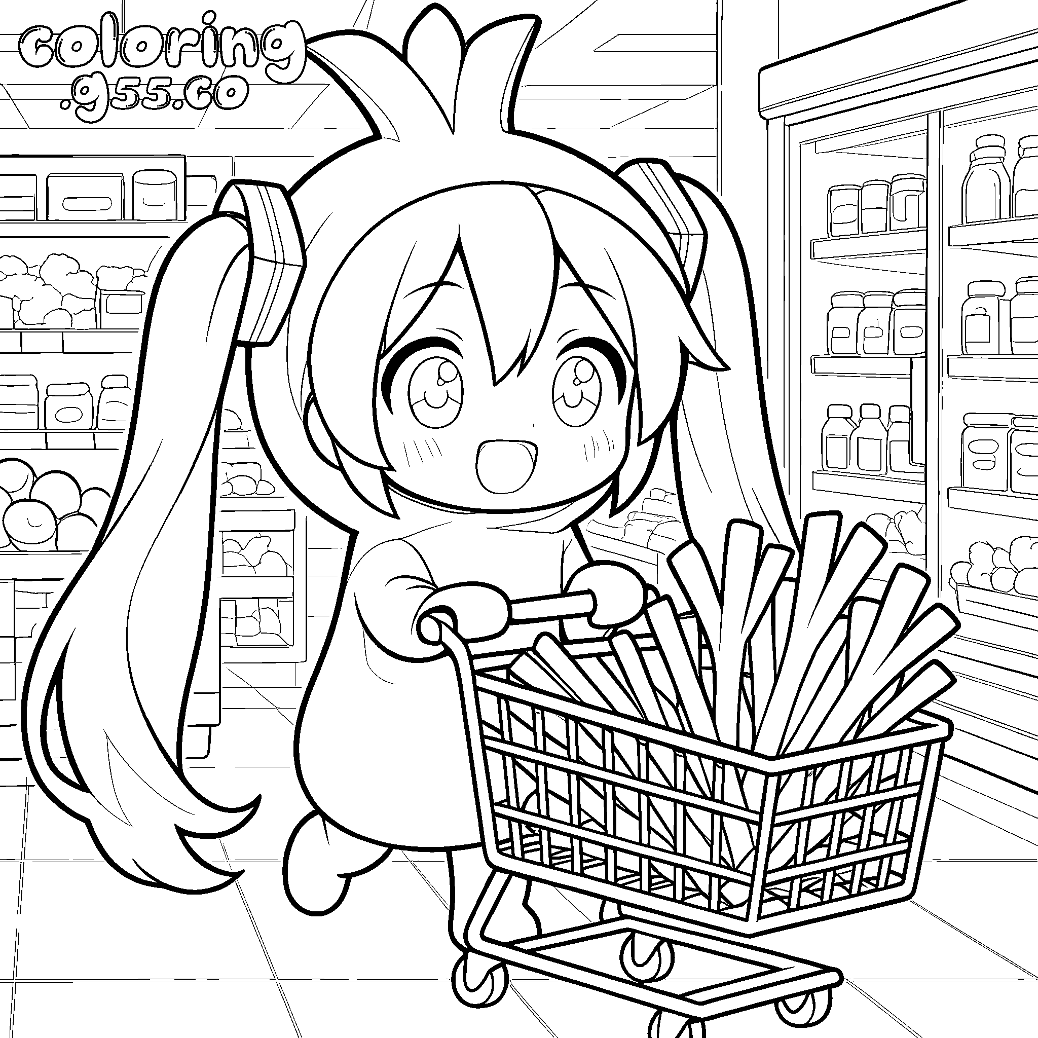 chibi hatsune miku grocery leek cart line art for kids