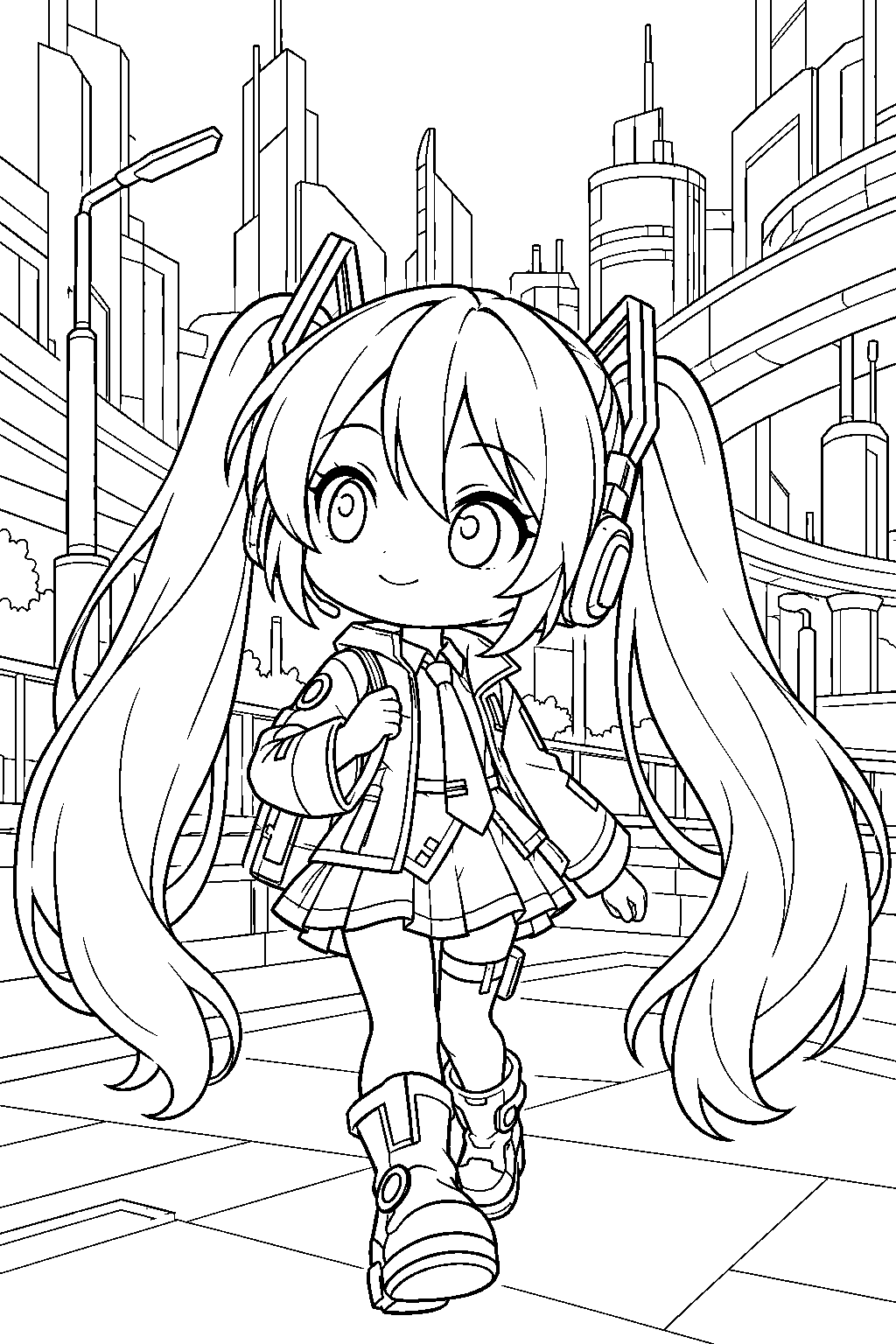 chibi hatsune miku in a futuristic outfit exploring a cyberpunk city line art