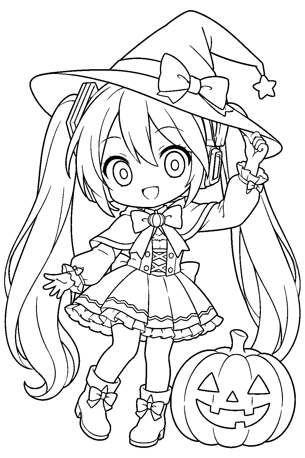 chibi hatsune miku in a halloween witch costume beside a jack o lantern line art