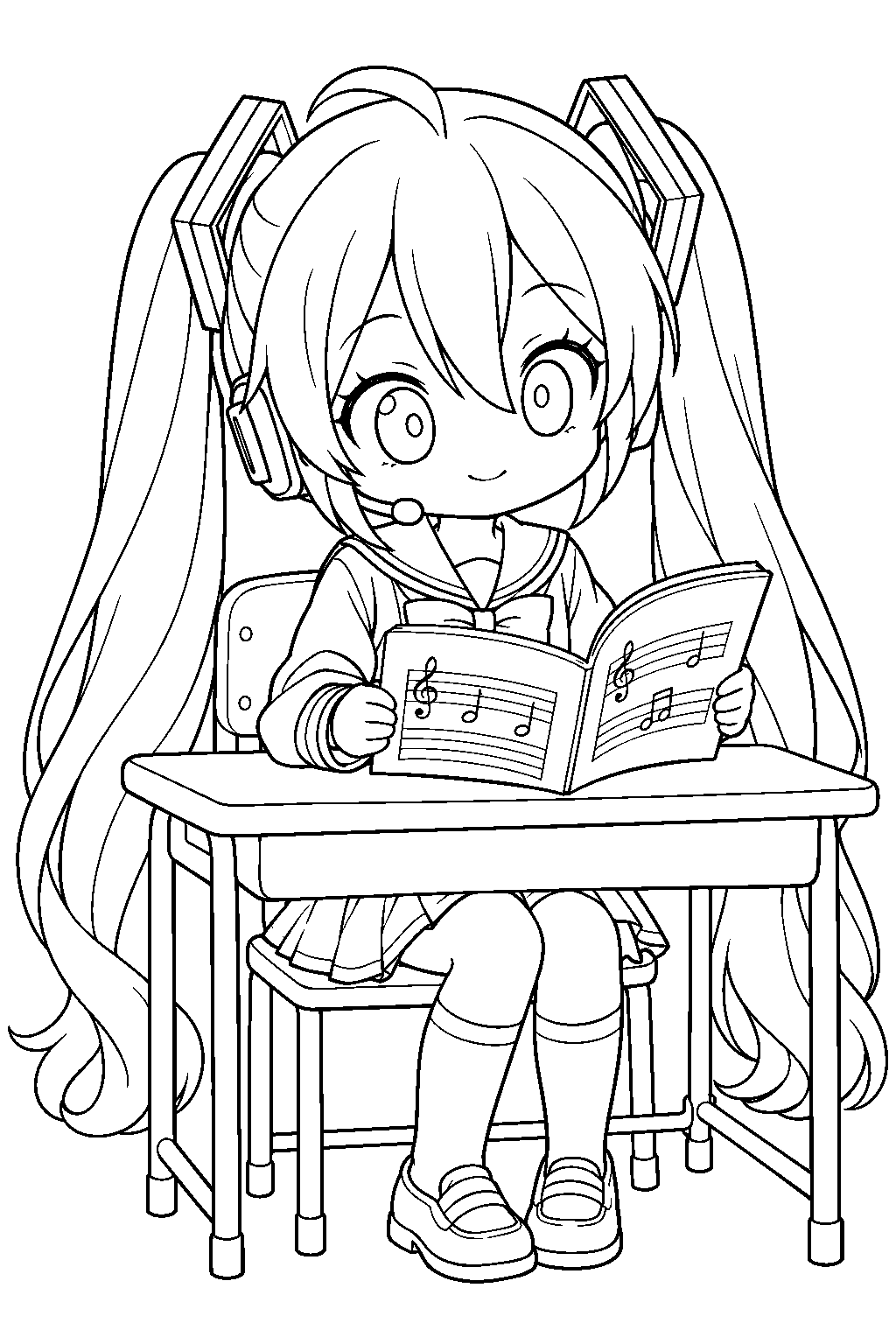 chibi hatsune miku in a sailor school uniform reading a music book line art
