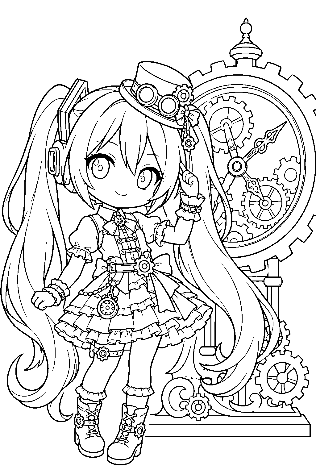 chibi hatsune miku in a steampunk outfit beside a gear shaped clock line art