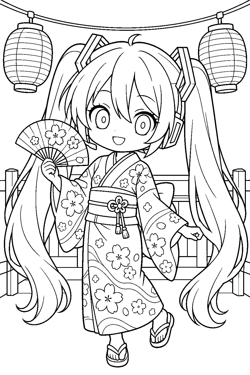 chibi hatsune miku in a yukata carrying a folding fan at a summer festival line art