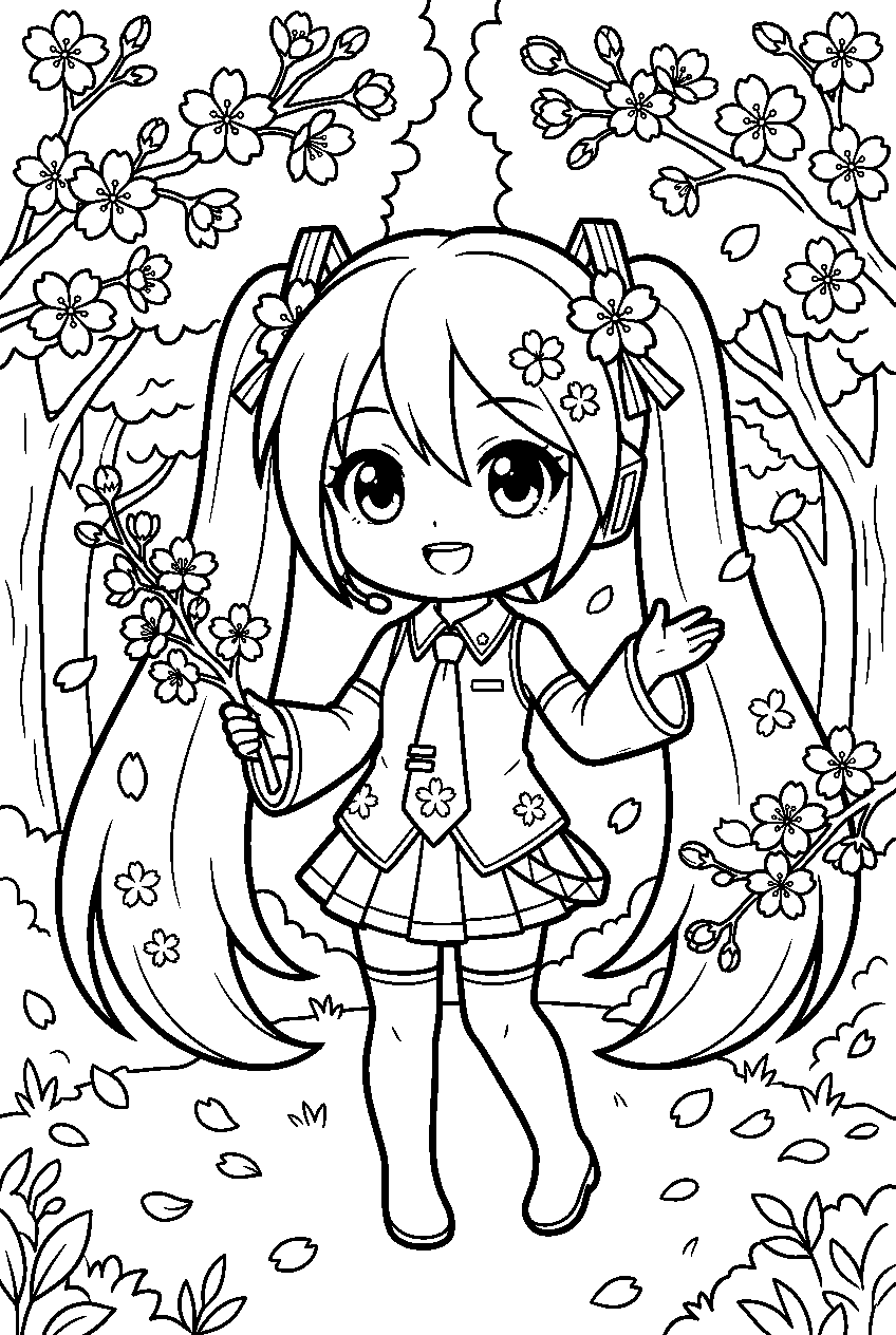 chibi hatsune miku in cherry blossom garden line art