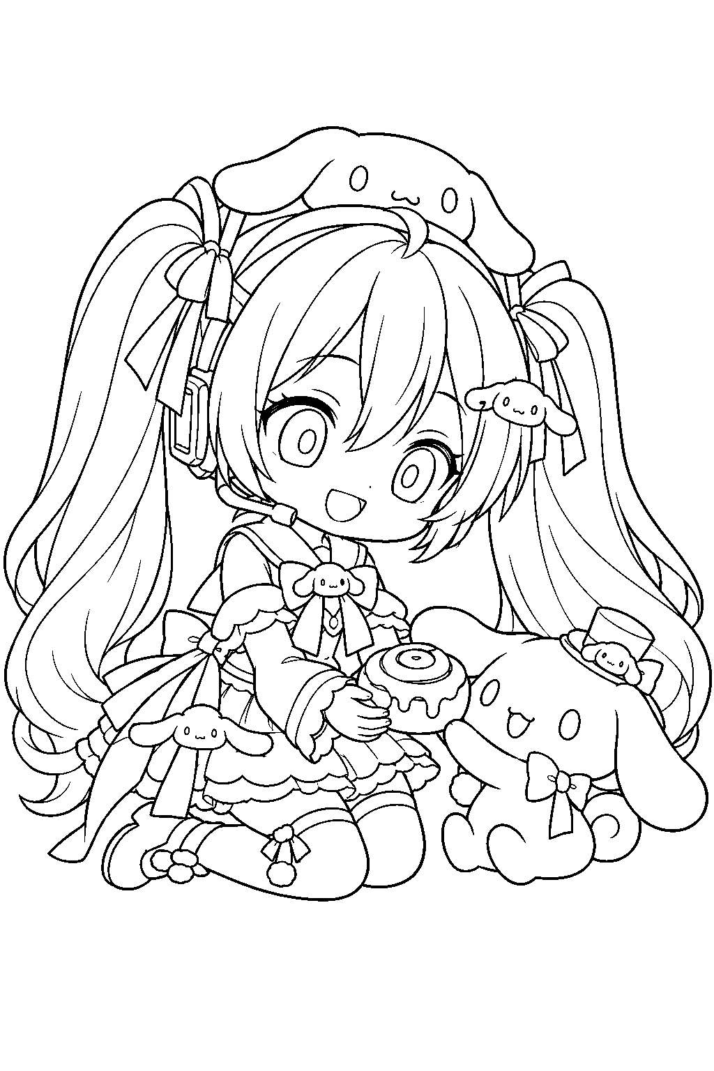 chibi hatsune miku in her cinnamoroll collaboration outfit sharing a cinnamon roll with cinnamoroll line art