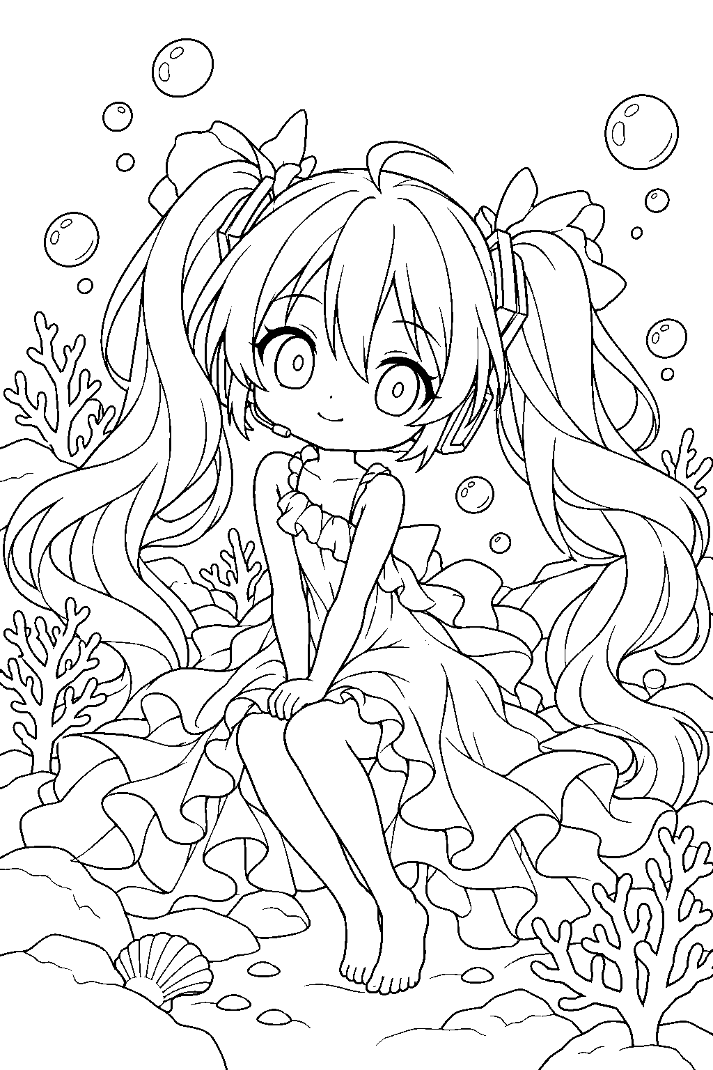 chibi hatsune miku in her deep sea girl dress sitting among coral and bubbles line art