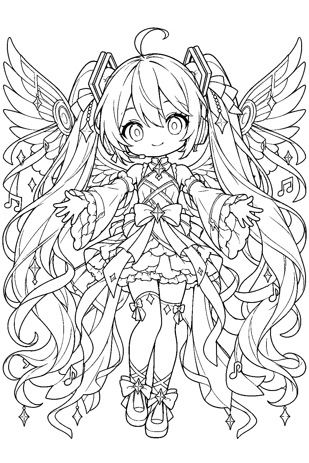 chibi hatsune miku in her happy 16th birthday outfit spreading her wings of creation line art