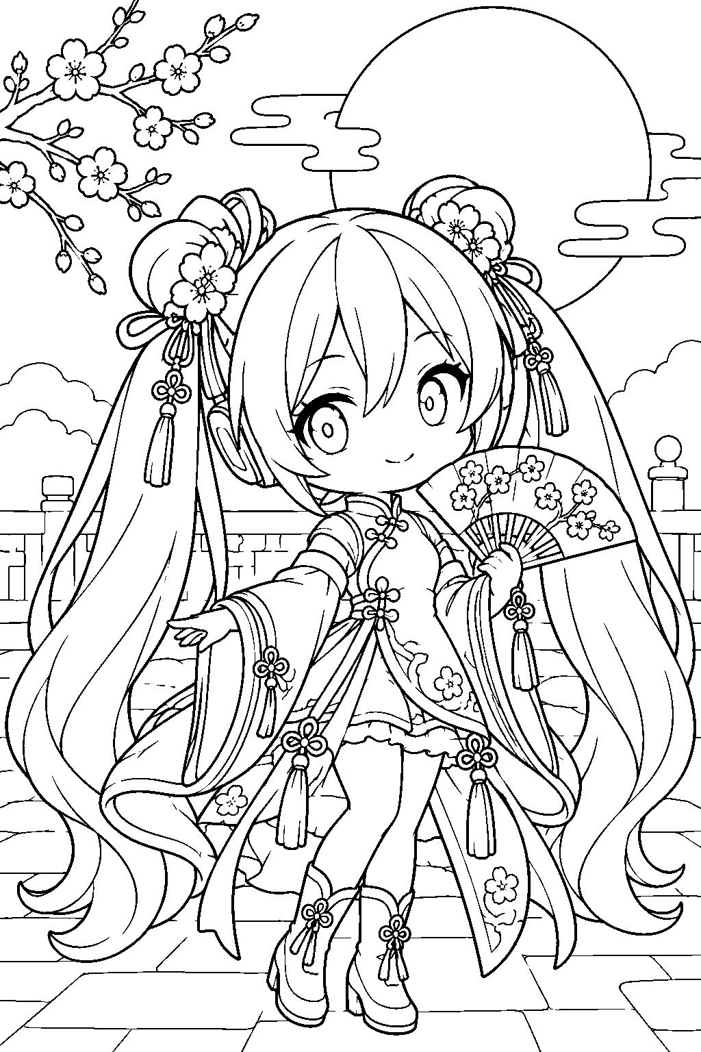 chibi hatsune miku in her harvest moon outfit holding a fan beneath the full moon line art