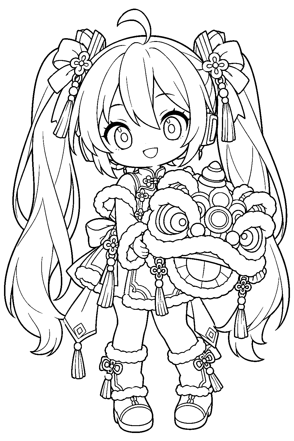 chibi hatsune miku in her lion dance outfit holding a festival lion head line art
