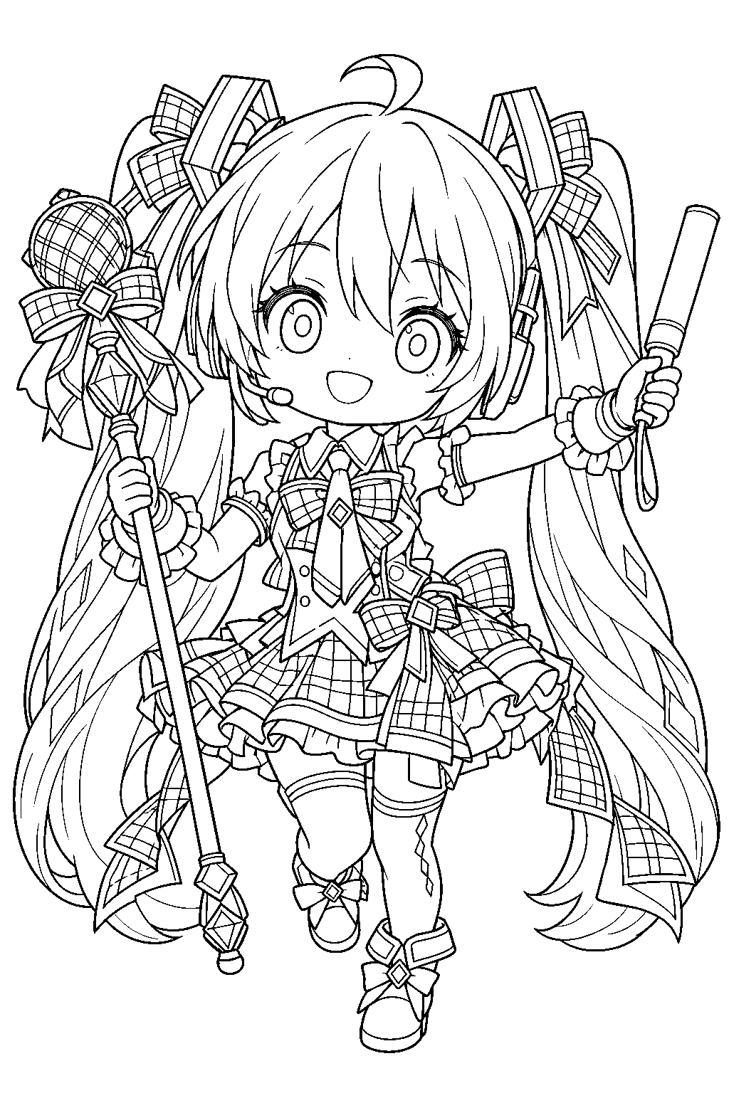 chibi hatsune miku in her magical mirai 2017 outfit holding a microphone staff and lightstick line art