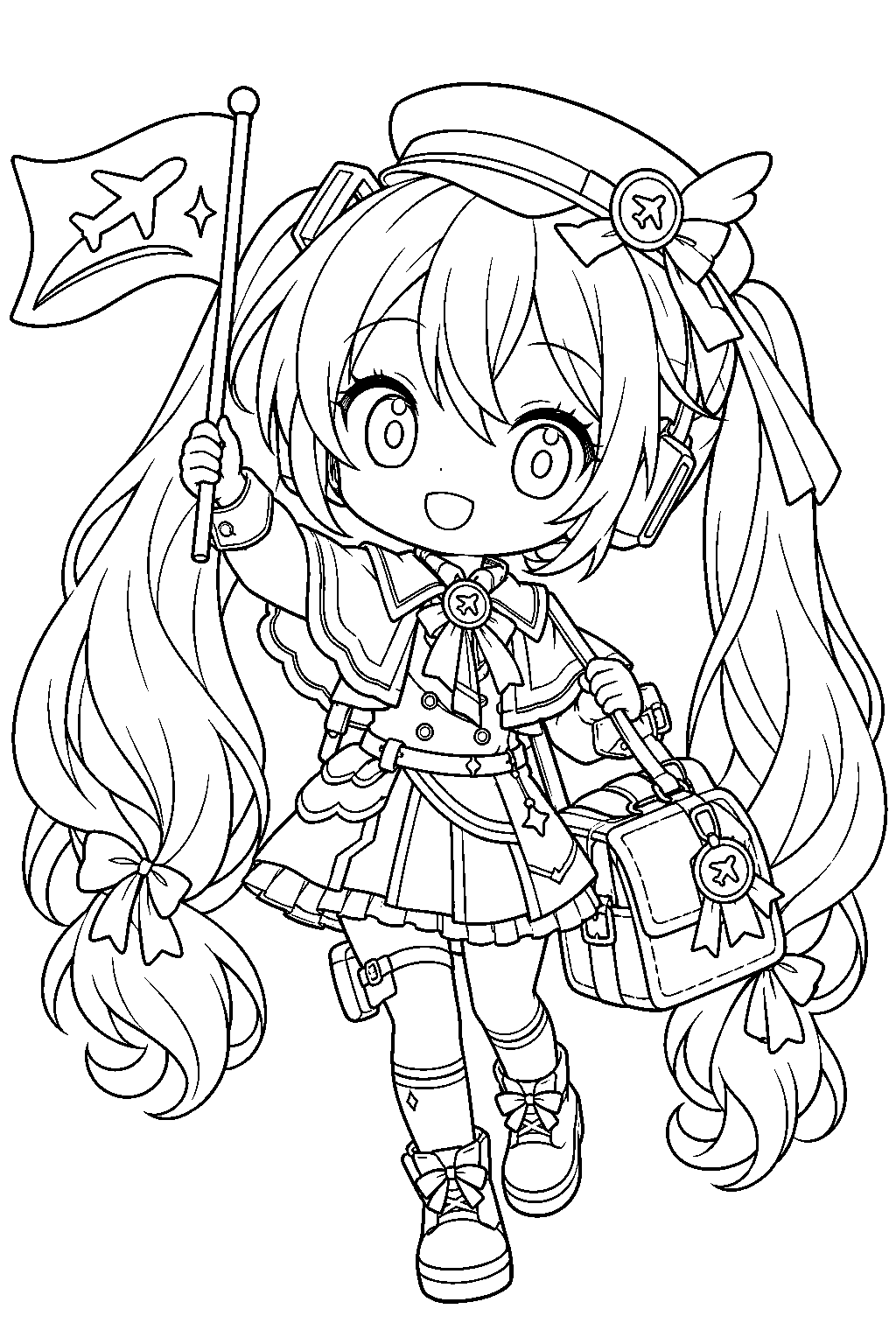 chibi hatsune miku in her magical mirai 2024 travel outfit carrying a flag and bag line art