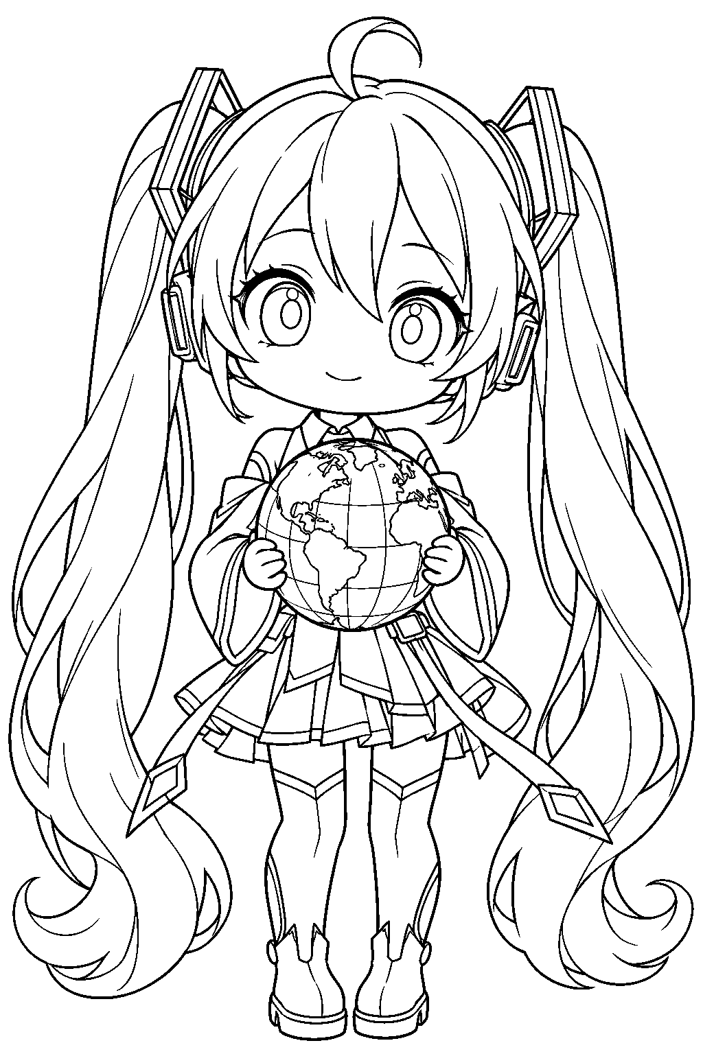 chibi hatsune miku in her miku expo 2021 outfit holding a globe line art