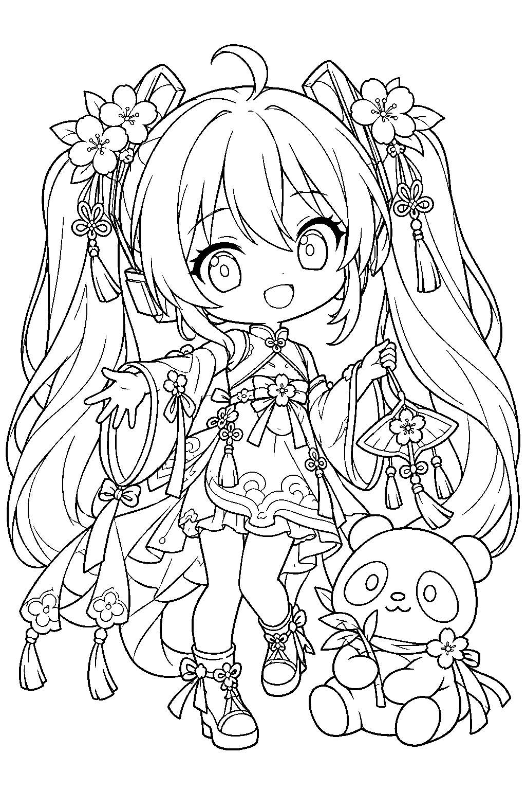 chibi hatsune miku in her miku with you 2021 outfit beside panda takene line art