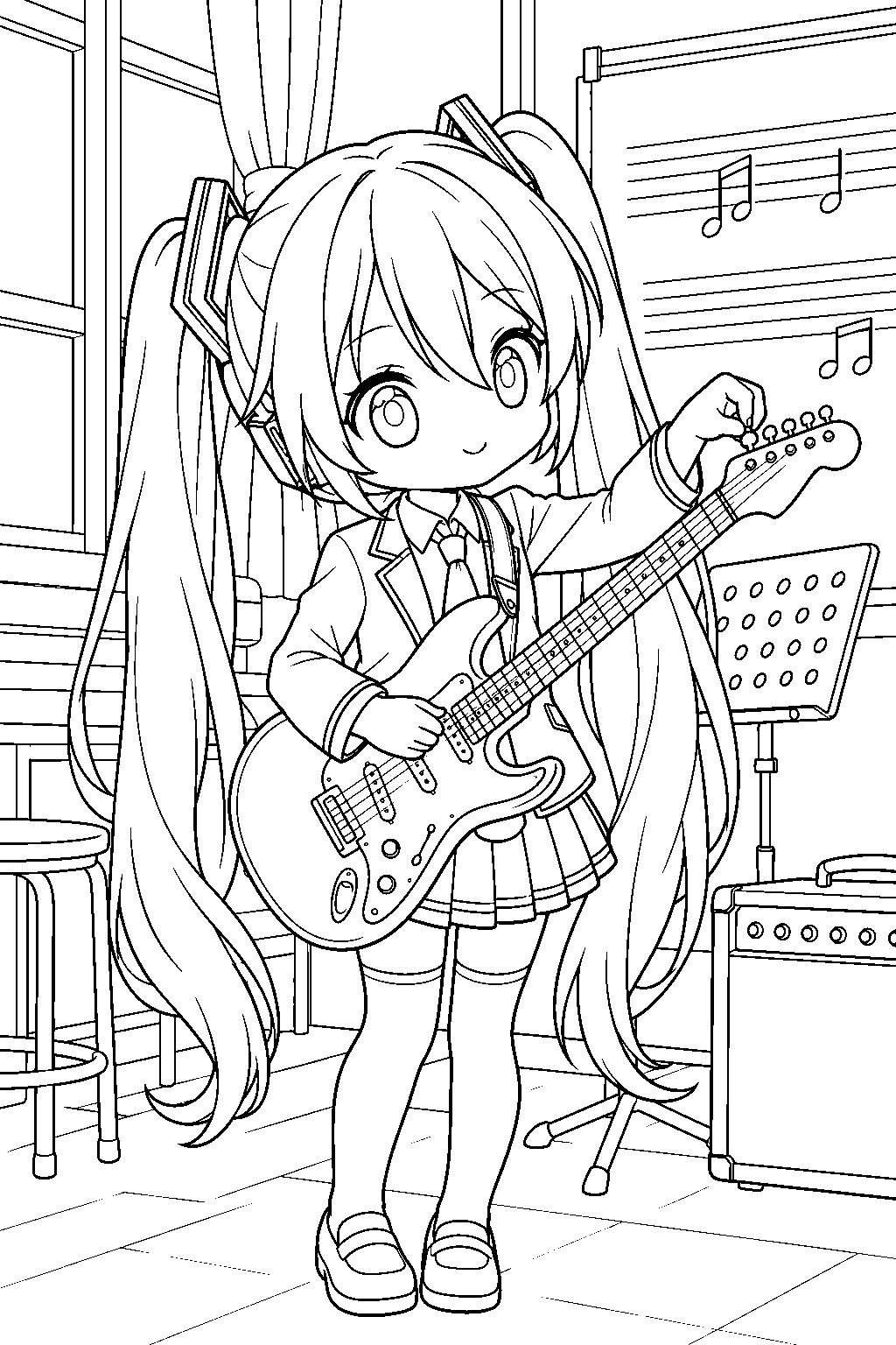 chibi hatsune miku in her project sekai classroom outfit tuning a guitar in the music room line art